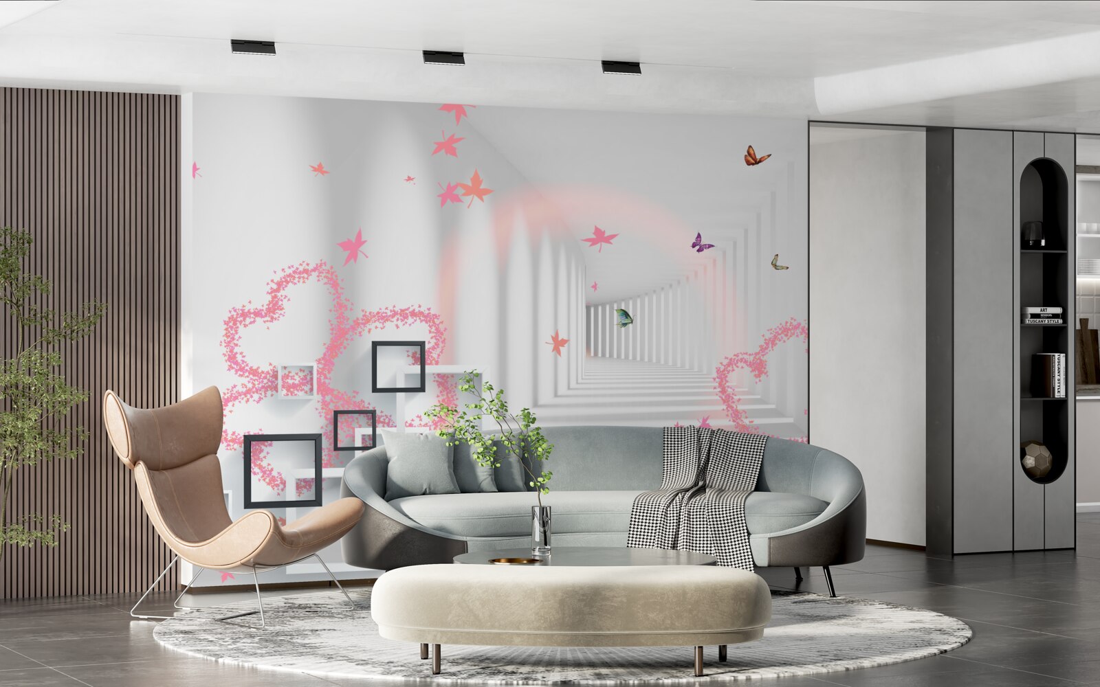 Papier peint papillons abstraits en forme de cœurs roses