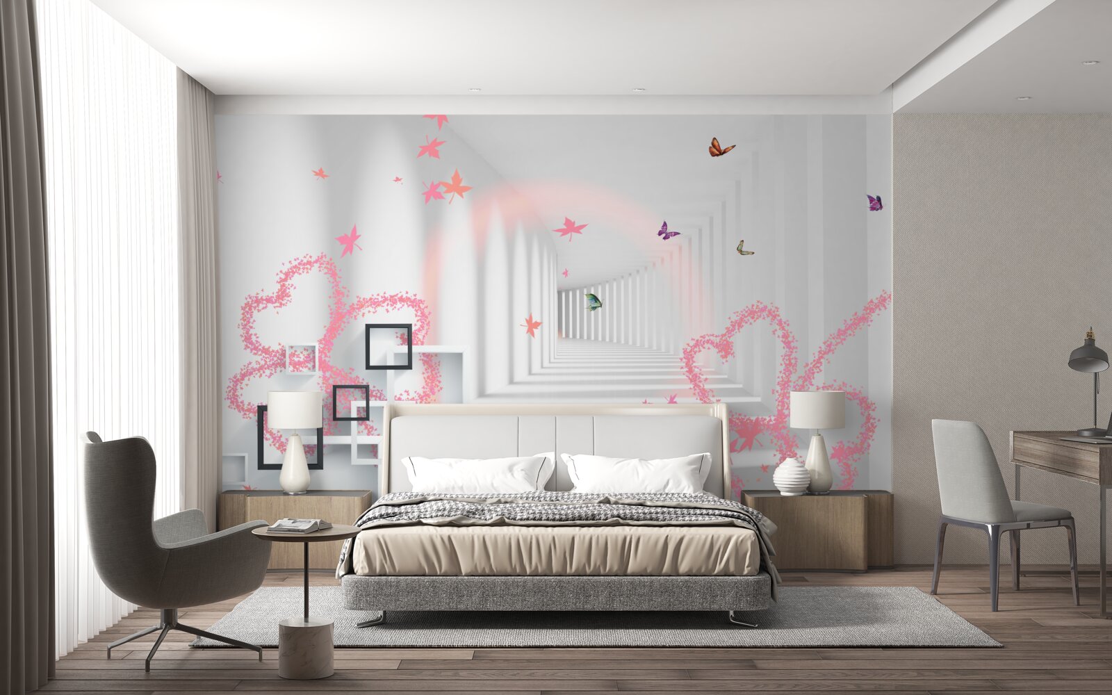 Papier peint papillons abstraits en forme de cœurs roses