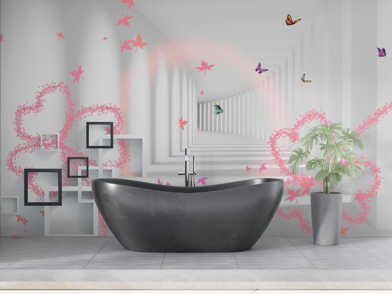 Papier peint papillons abstraits en forme de cœurs roses