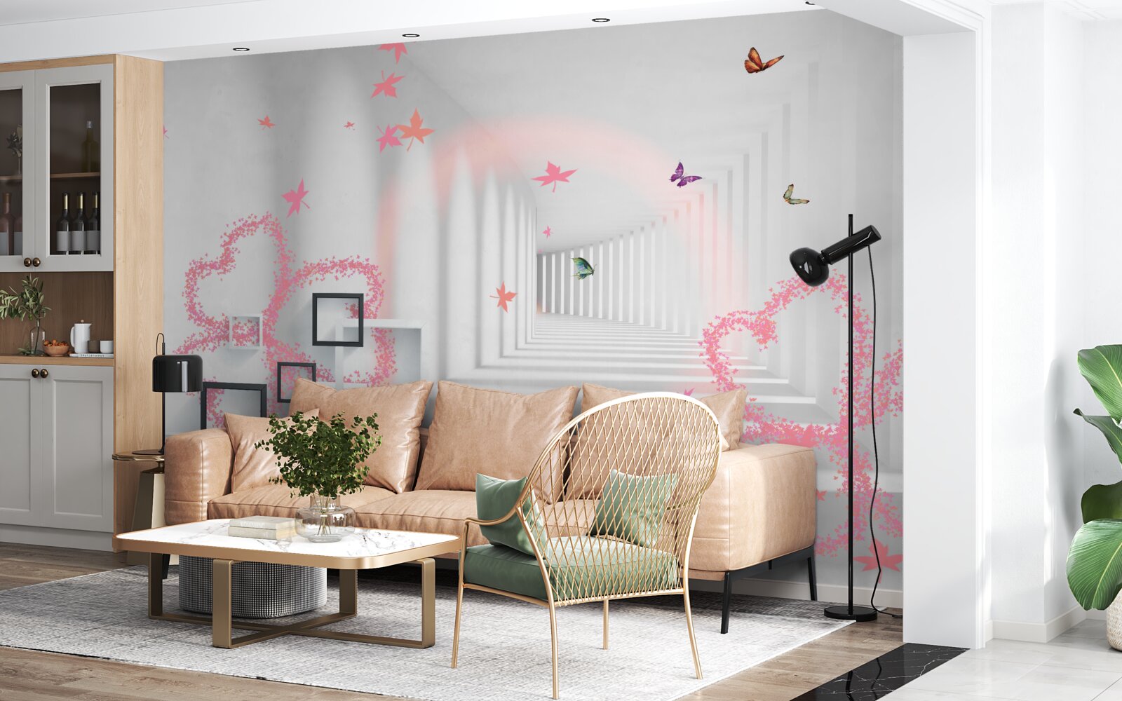 Papier peint papillons abstraits en forme de cœurs roses