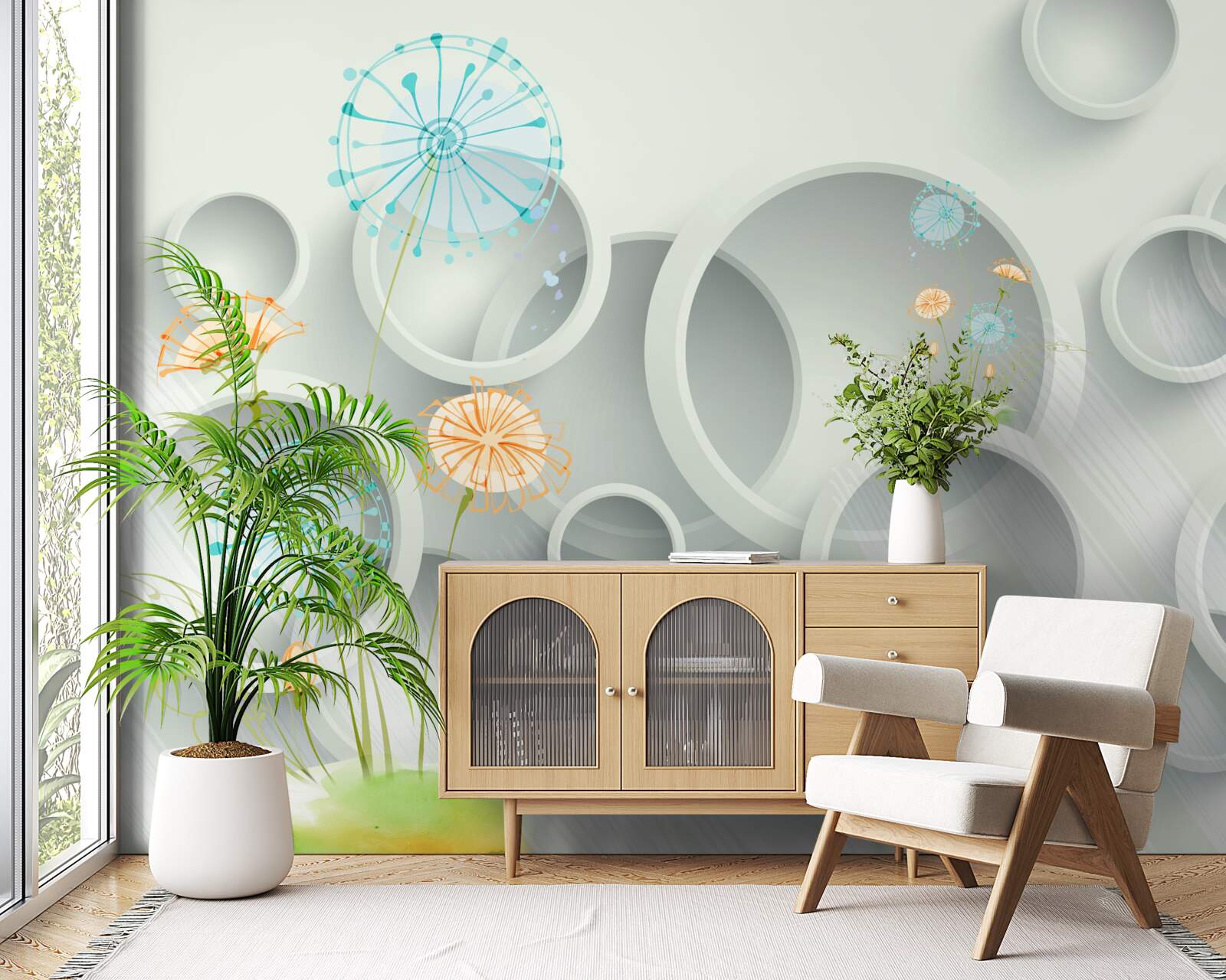 Papier peint sur fond de cercles dans le pré, les pissenlits fleurissent