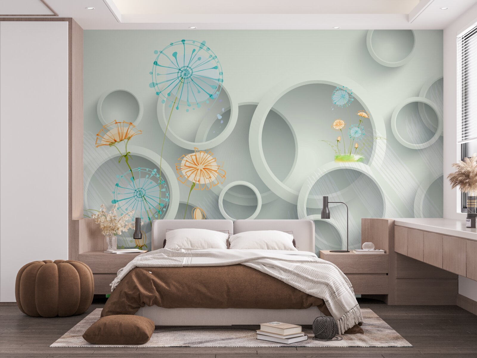 Papier peint sur fond de cercles dans le pré, les pissenlits fleurissent