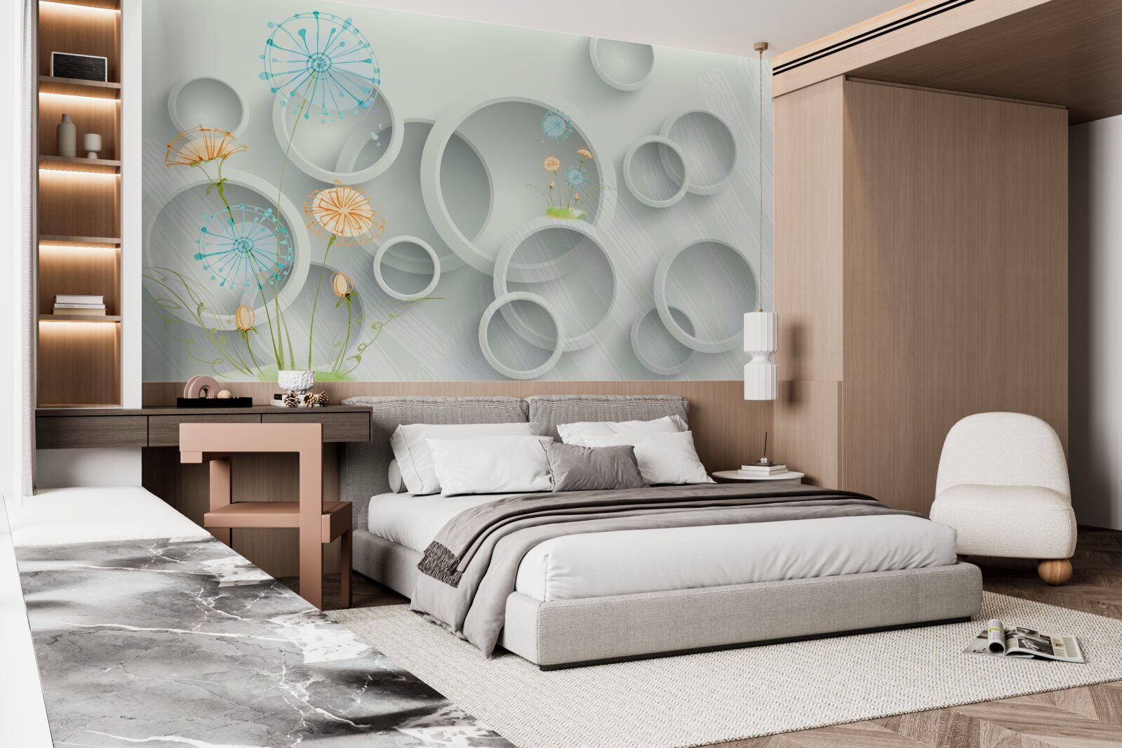 Papier peint sur fond de cercles dans le pré, les pissenlits fleurissent