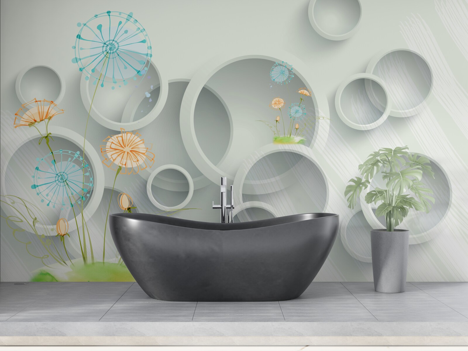 Papier peint sur fond de cercles dans le pré, les pissenlits fleurissent