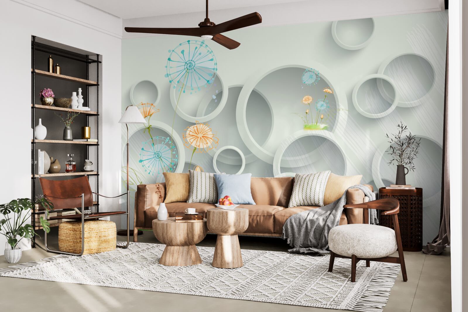 Papier peint sur fond de cercles dans le pré, les pissenlits fleurissent