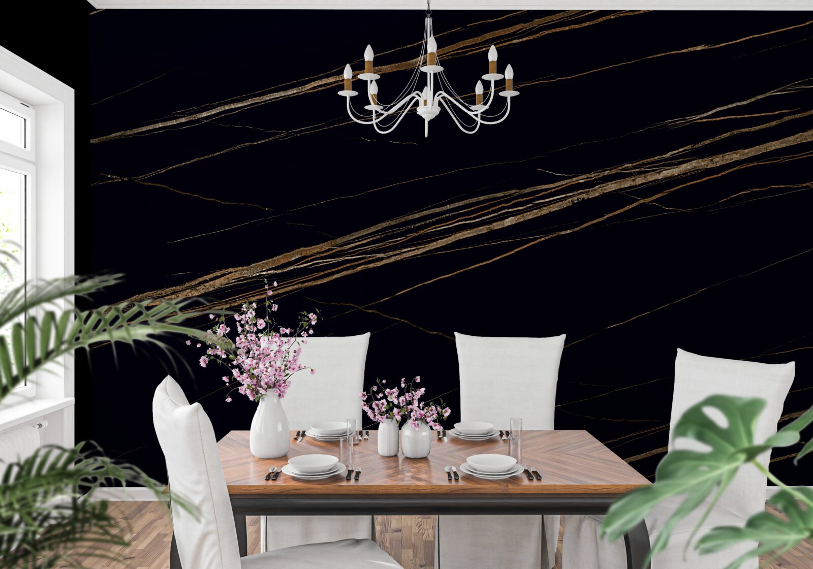 Papier peint rayures dorées sur fond noir