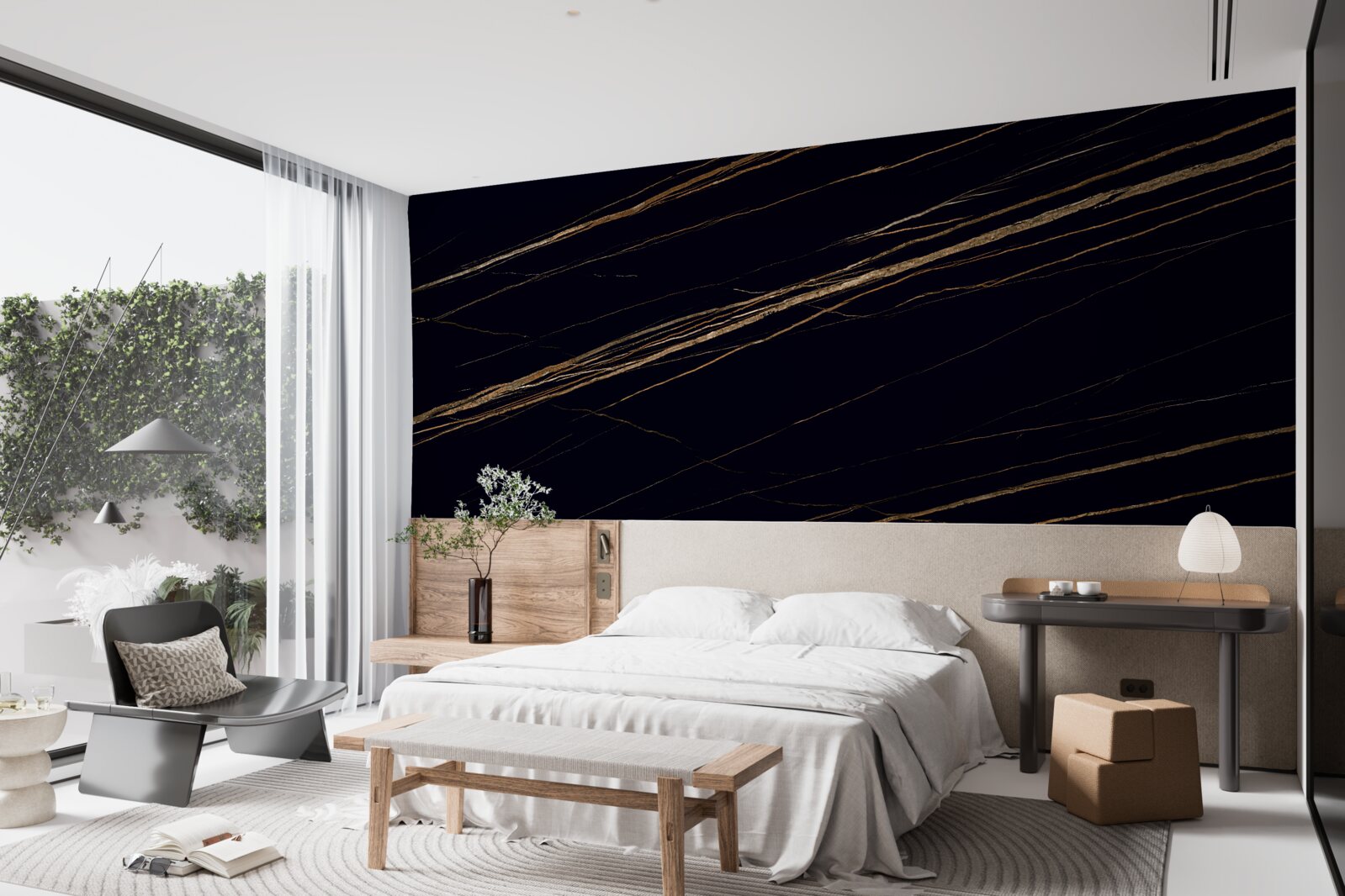 Papier peint rayures dorées sur fond noir