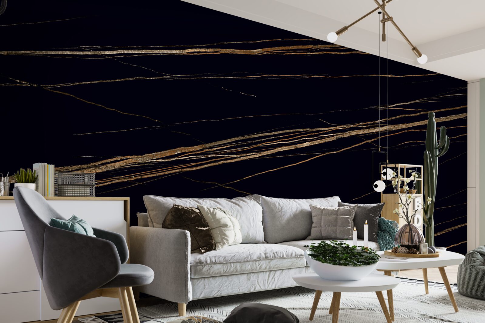 Papier peint rayures dorées sur fond noir