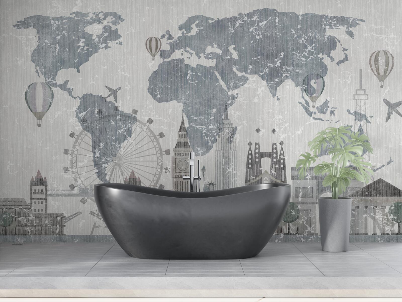 Papier peint carte du monde avec les points de repère de londres