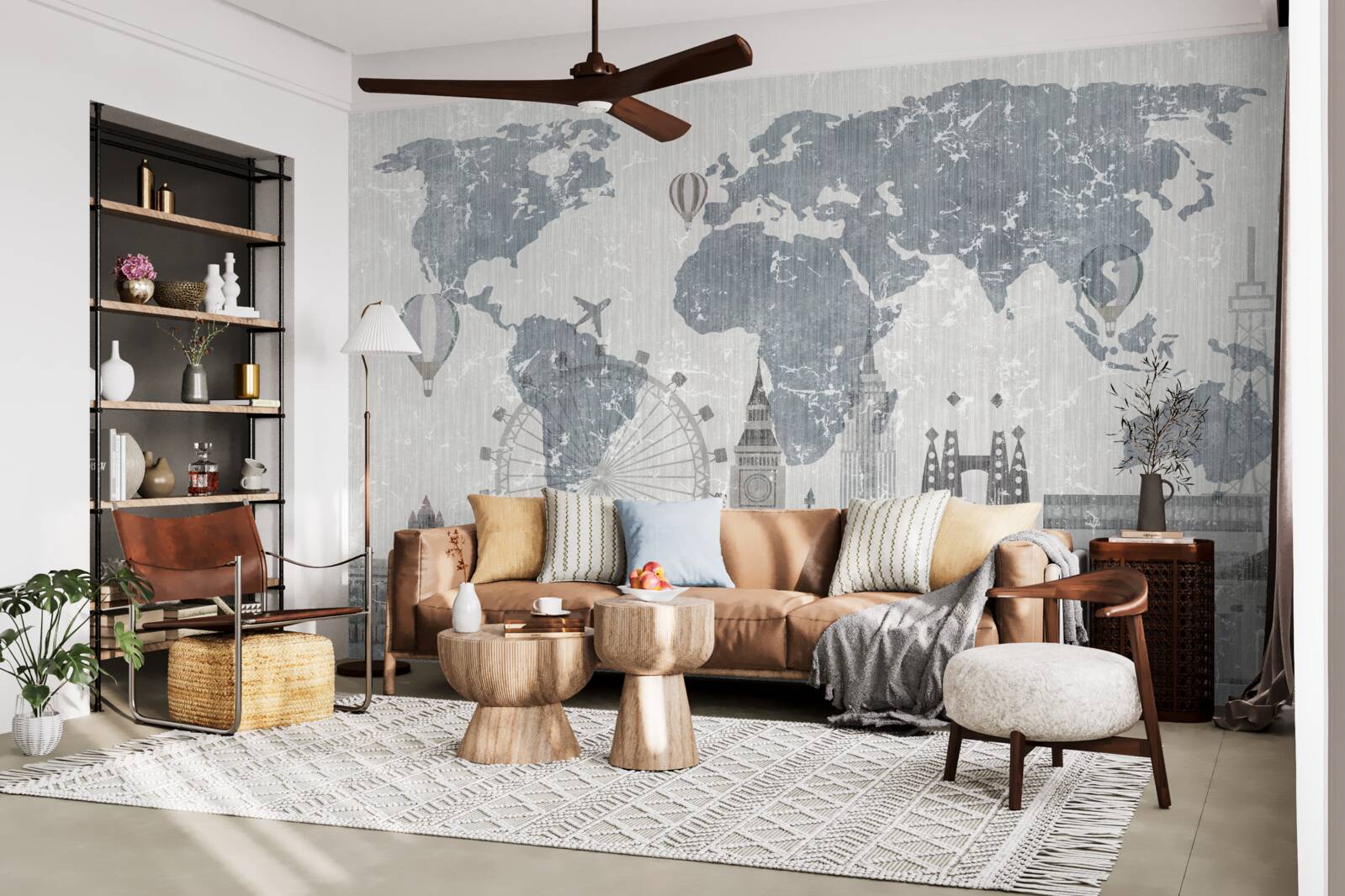 Papier peint carte du monde avec les points de repère de londres