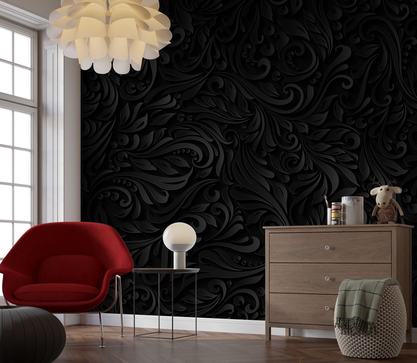 Papier peint feuilles texturées et fleurs noires