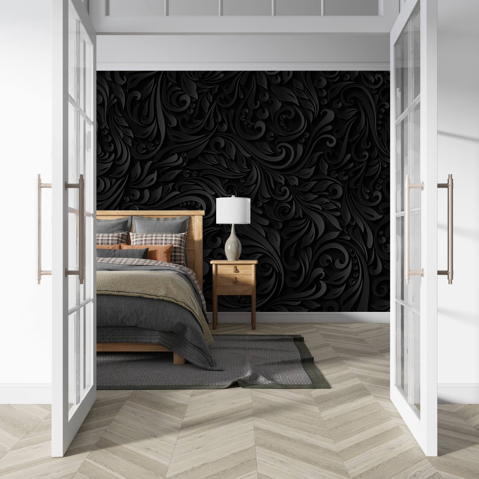 Papier peint feuilles texturées et fleurs noires