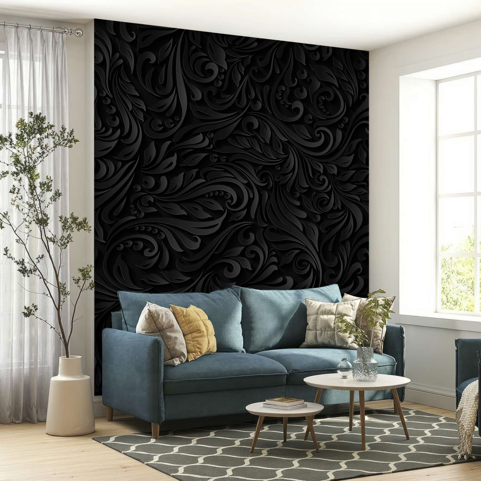 Papier peint feuilles texturées et fleurs noires