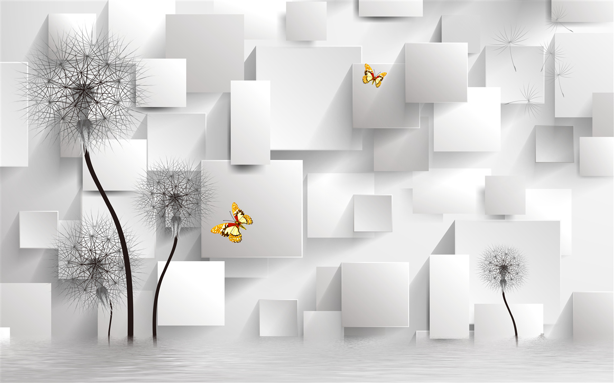 Papier peint carrés blancs abstraits avec des pissenlits au premier plan