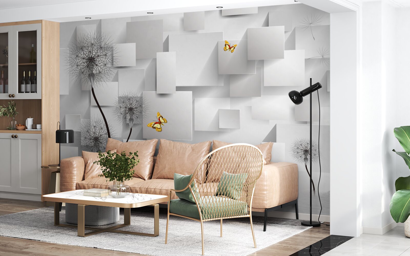 Papier peint carrés blancs abstraits avec des pissenlits au premier plan