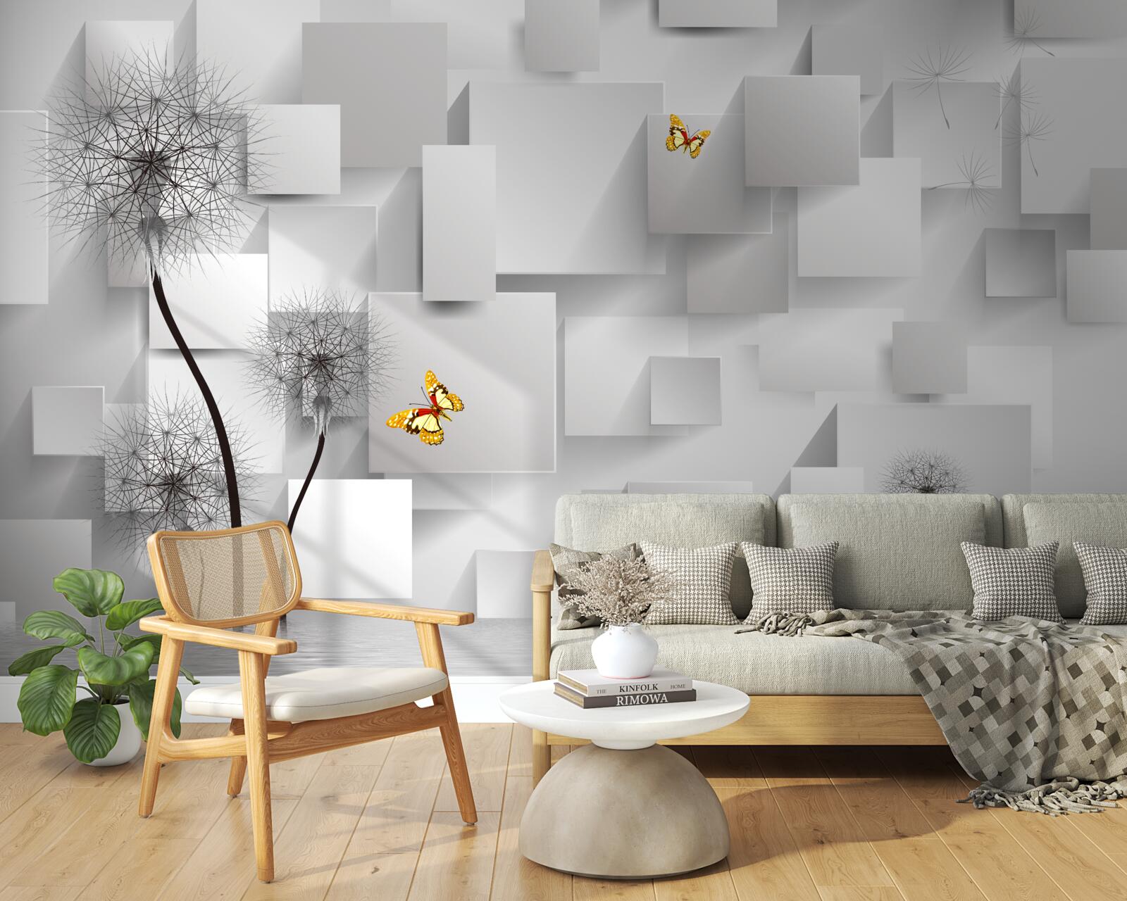 Papier peint carrés blancs abstraits avec des pissenlits au premier plan