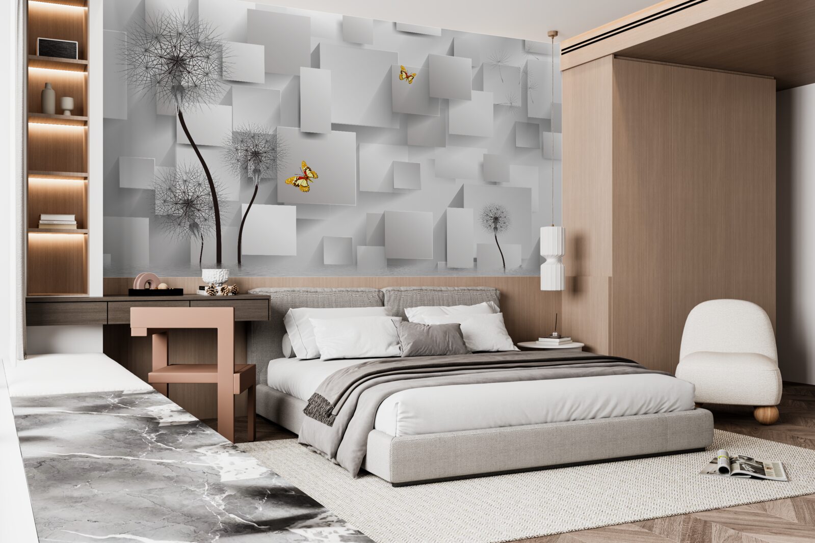 Papier peint carrés blancs abstraits avec des pissenlits au premier plan