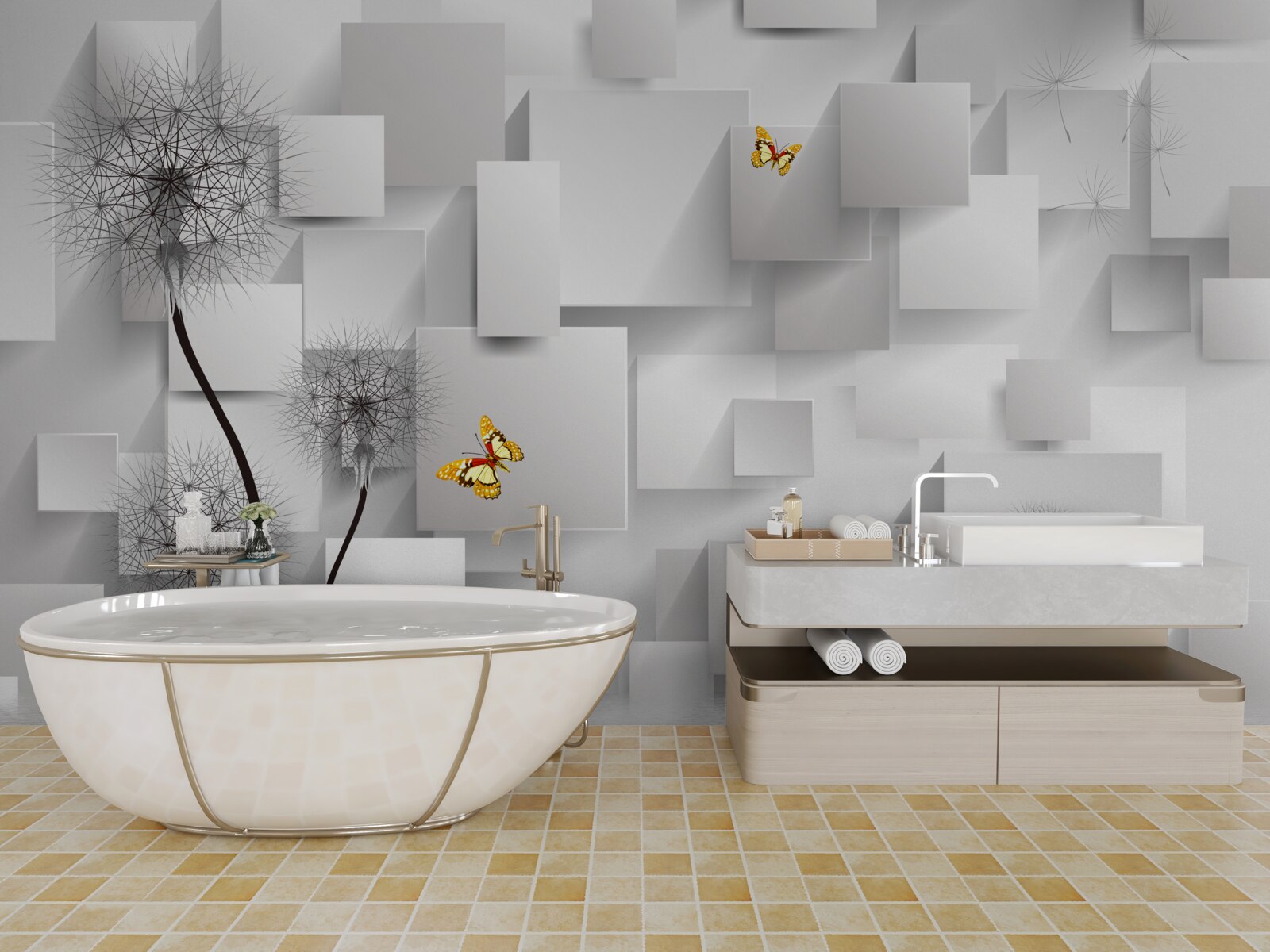 Papier peint carrés blancs abstraits avec des pissenlits au premier plan