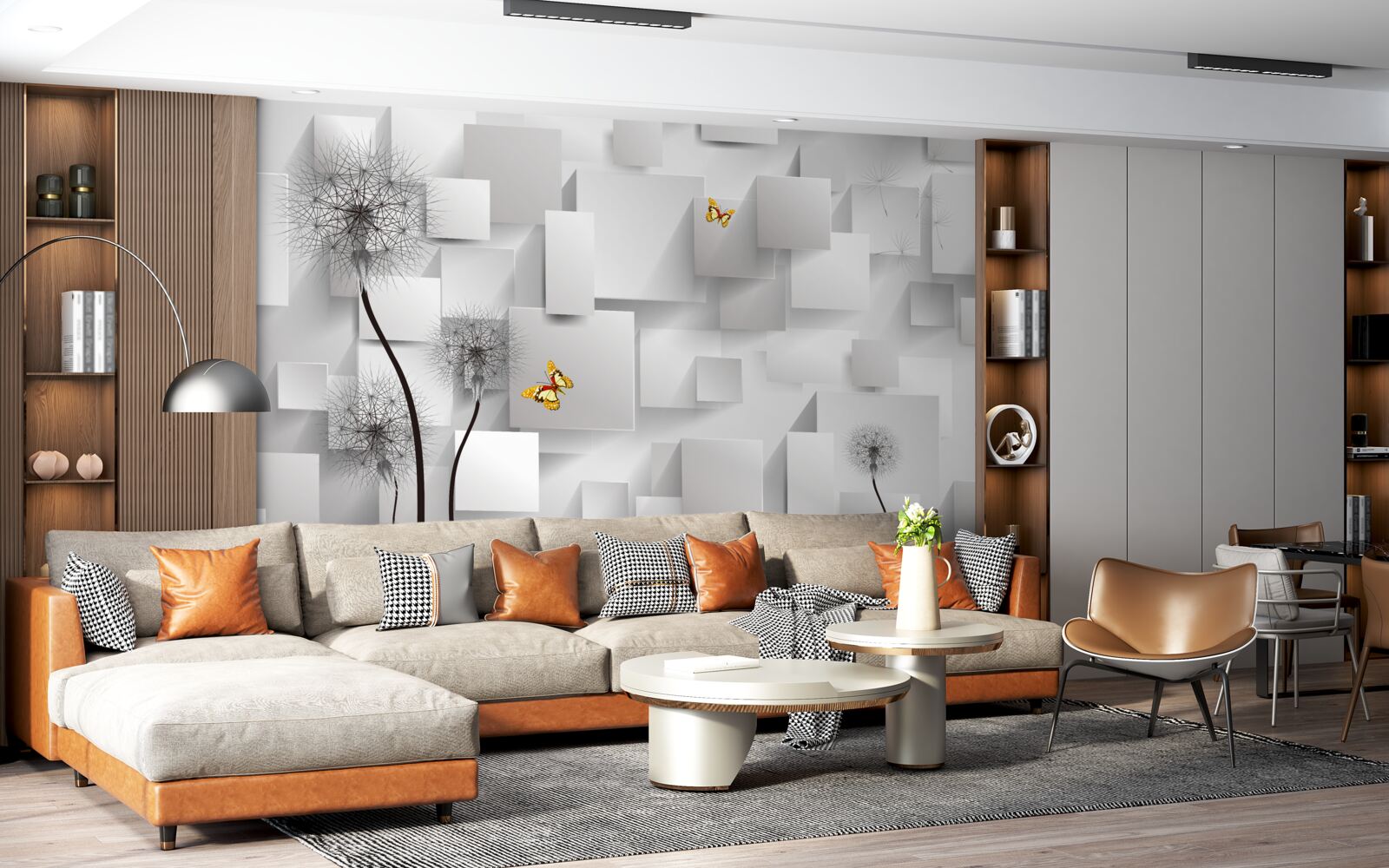 Papier peint carrés blancs abstraits avec des pissenlits au premier plan