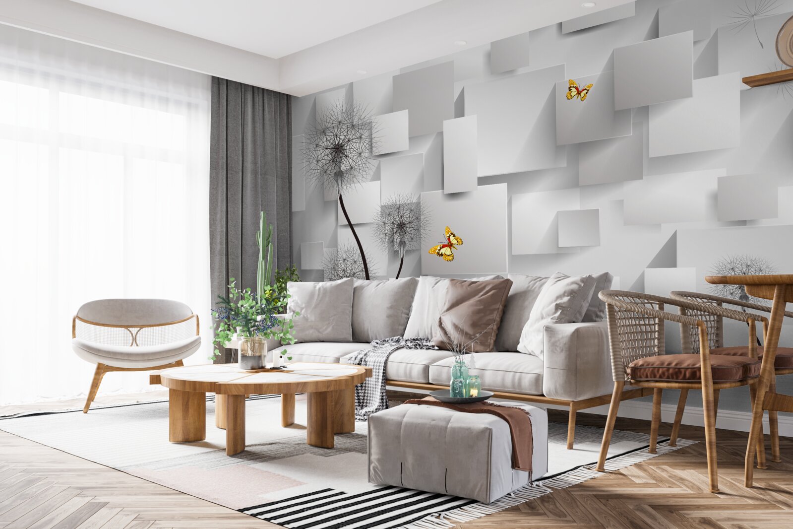 Papier peint carrés blancs abstraits avec des pissenlits au premier plan