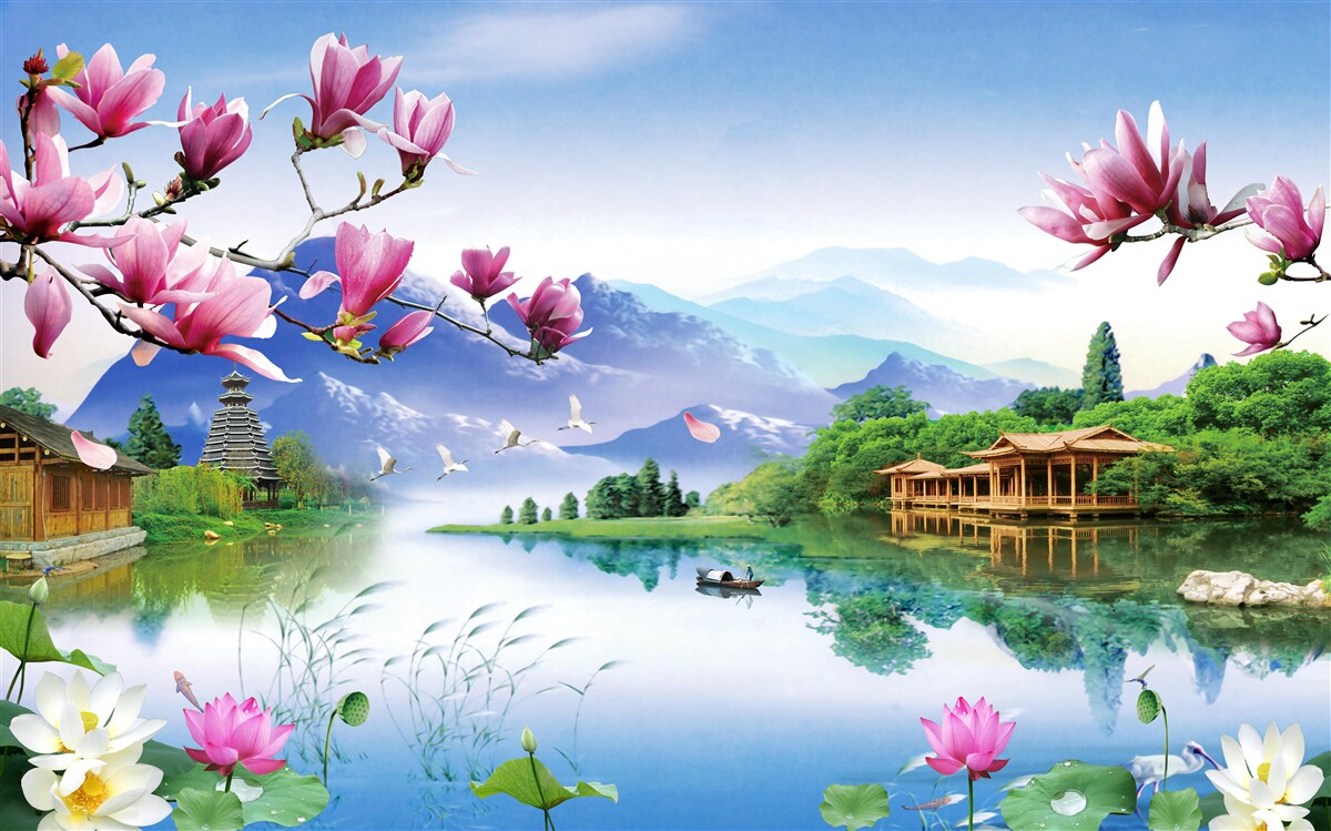 Papier peint magnifique vue panoramique sur le paysage de montagne et l'écoulement de la rivière