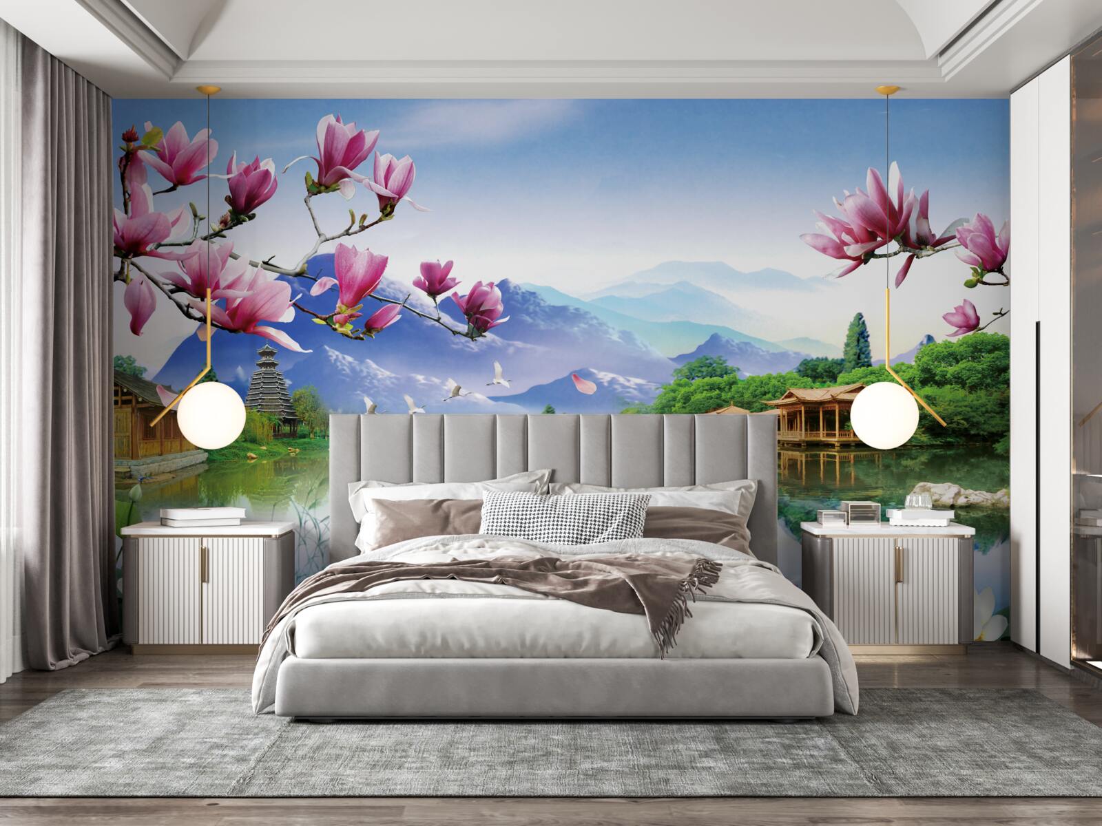 Papier peint magnifique vue panoramique sur le paysage de montagne et l'écoulement de la rivière