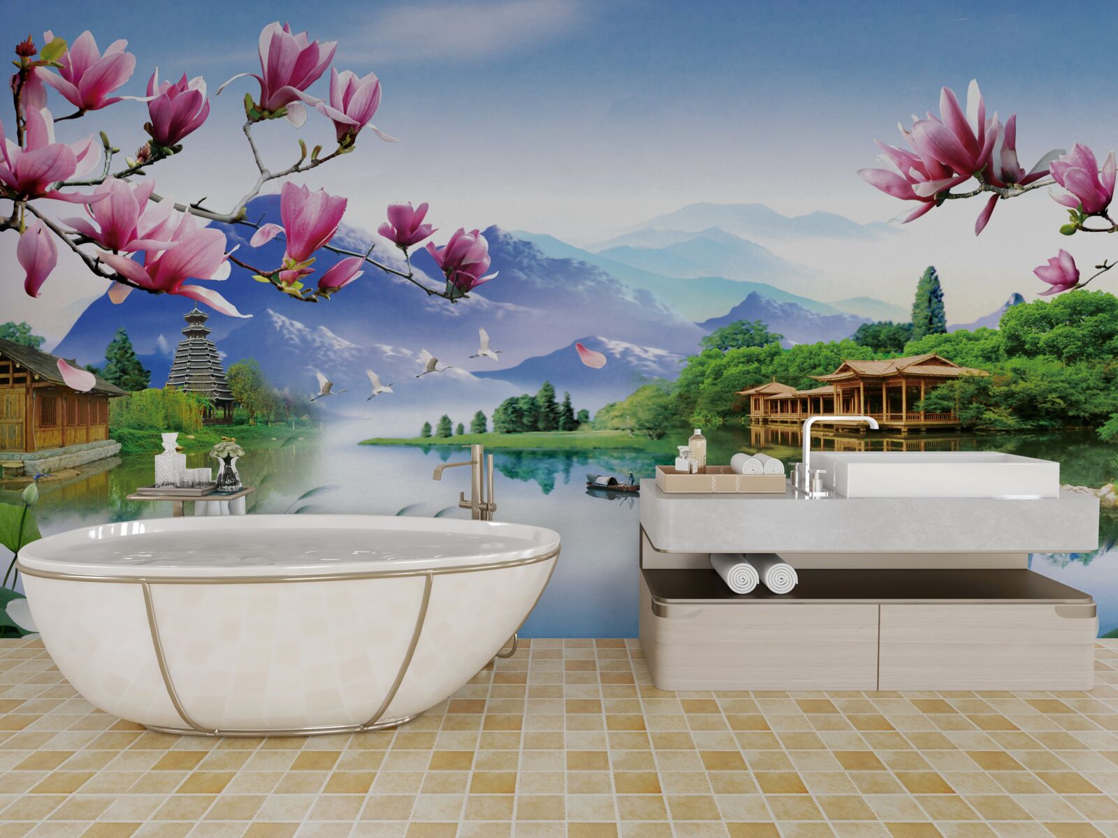 Papier peint magnifique vue panoramique sur le paysage de montagne et l'écoulement de la rivière