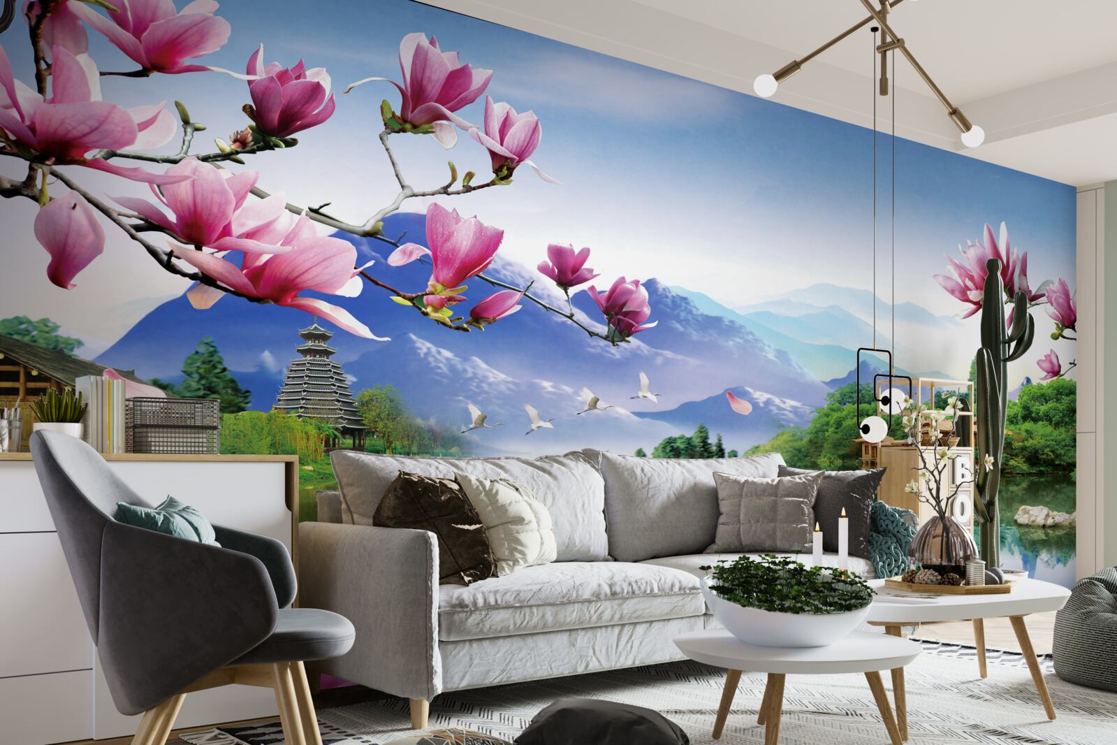 Papier peint magnifique vue panoramique sur le paysage de montagne et l'écoulement de la rivière