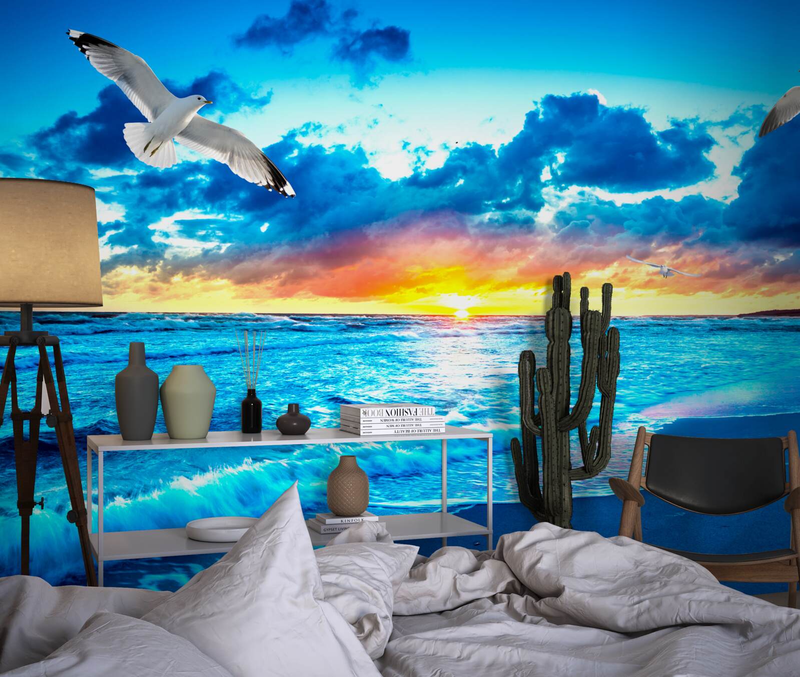 Papier peint coucher de soleil sur la mer et mouettes rêveuses