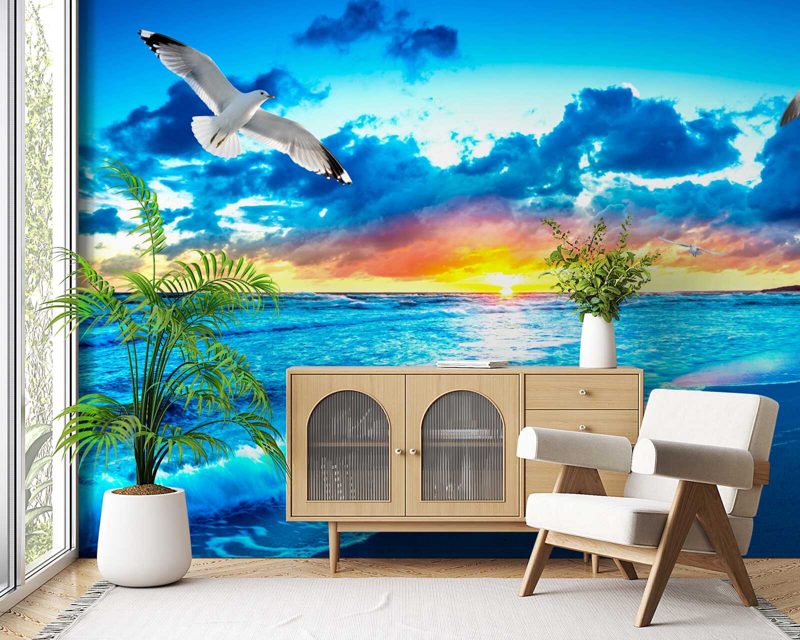 Papier peint coucher de soleil sur la mer et mouettes rêveuses