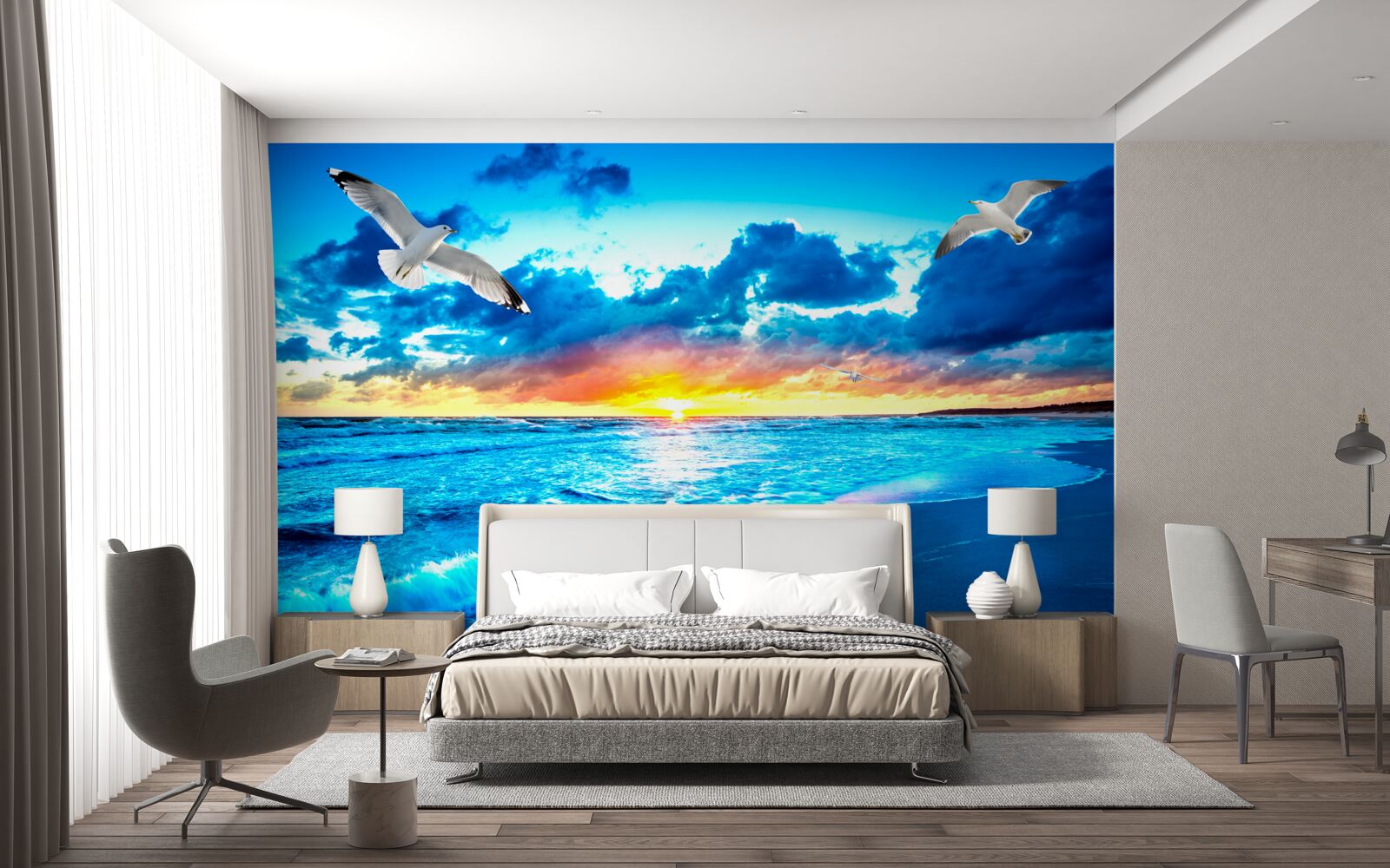 Papier peint coucher de soleil sur la mer et mouettes rêveuses