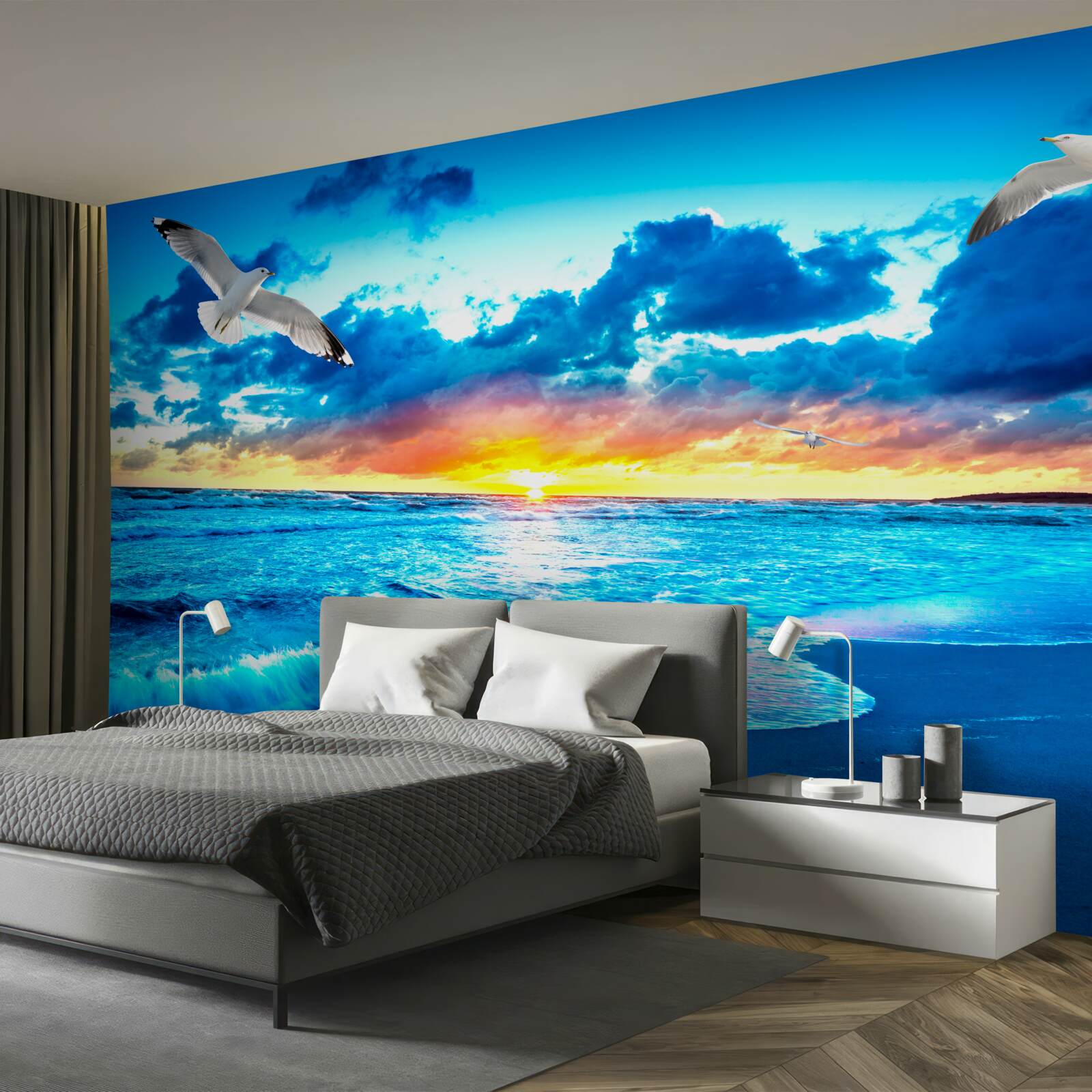 Papier peint coucher de soleil sur la mer et mouettes rêveuses