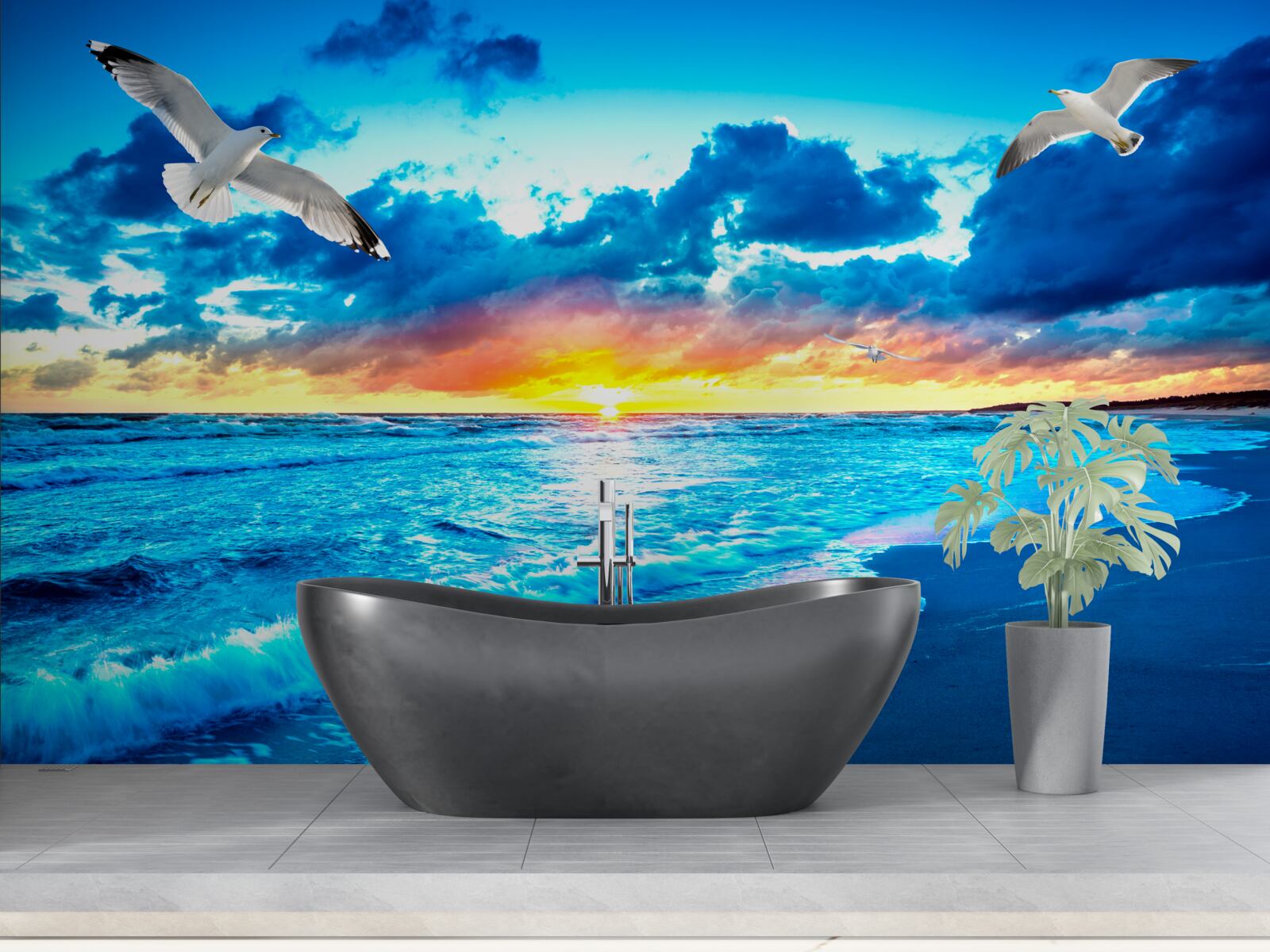 Papier peint coucher de soleil sur la mer et mouettes rêveuses