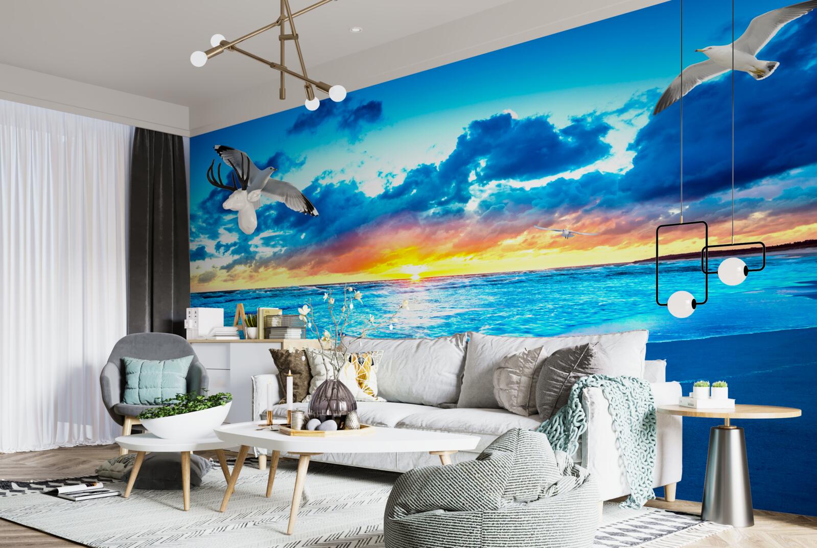 Papier peint coucher de soleil sur la mer et mouettes rêveuses