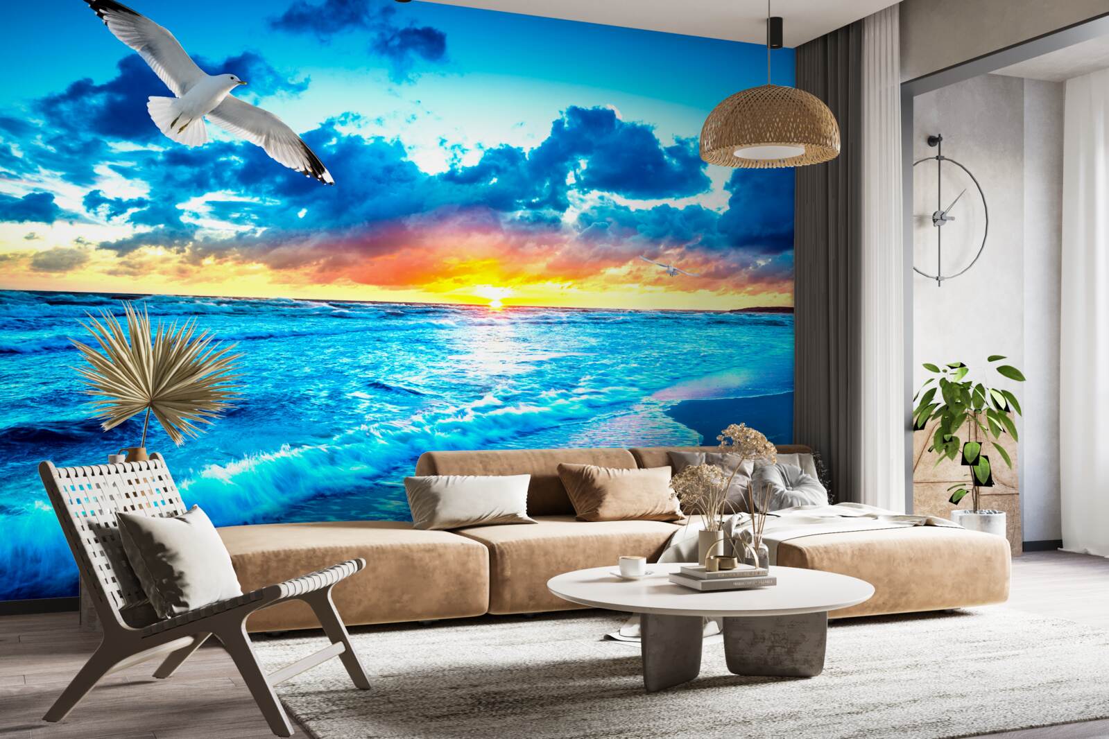 Papier peint coucher de soleil sur la mer et mouettes rêveuses