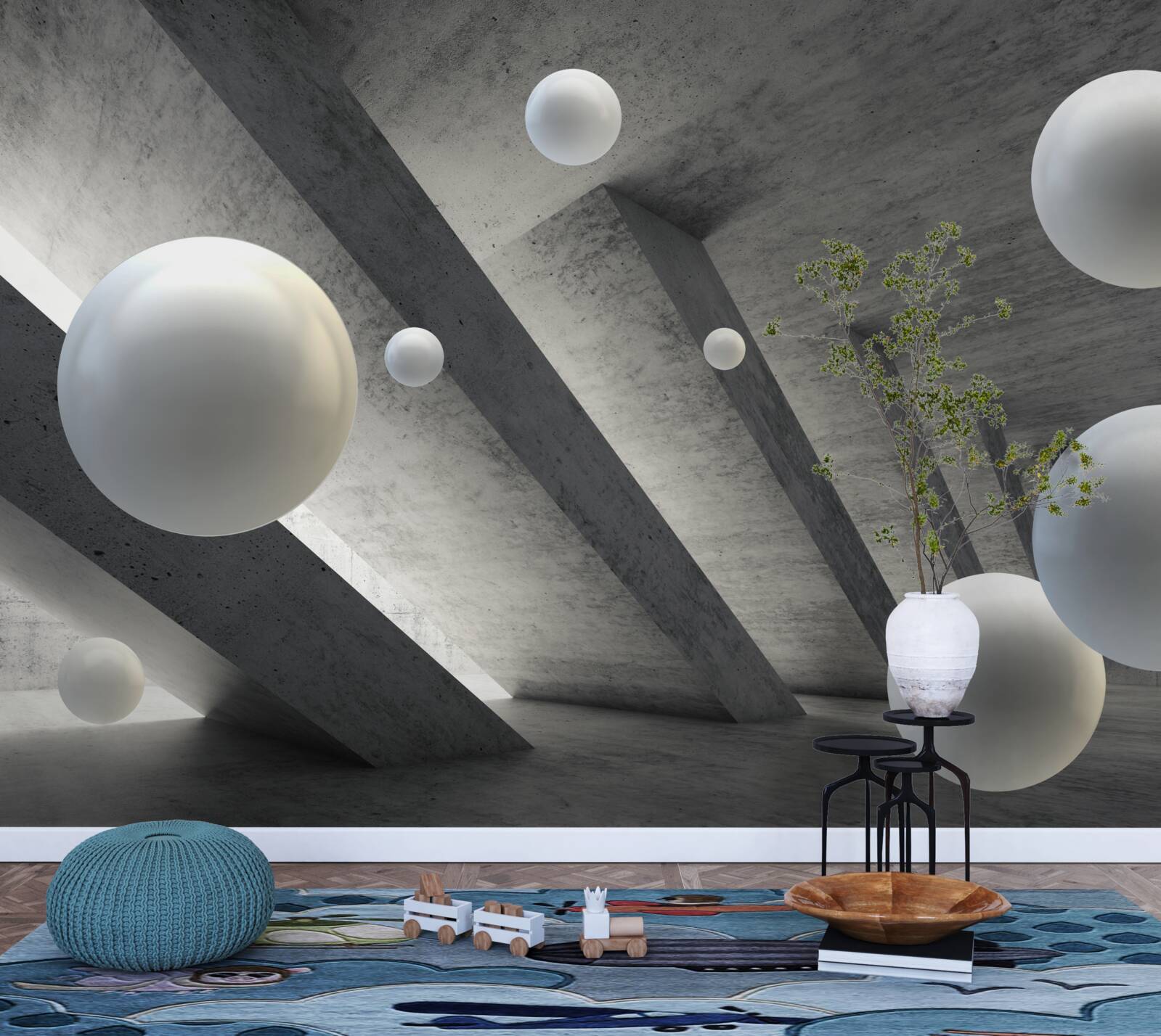 Papier peint des boules de blanc dans un passage en ciment