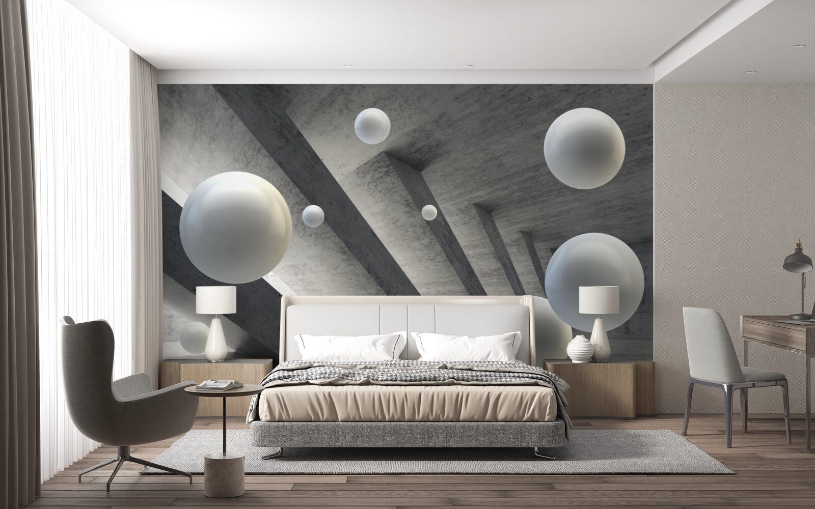 Papier peint des boules de blanc dans un passage en ciment