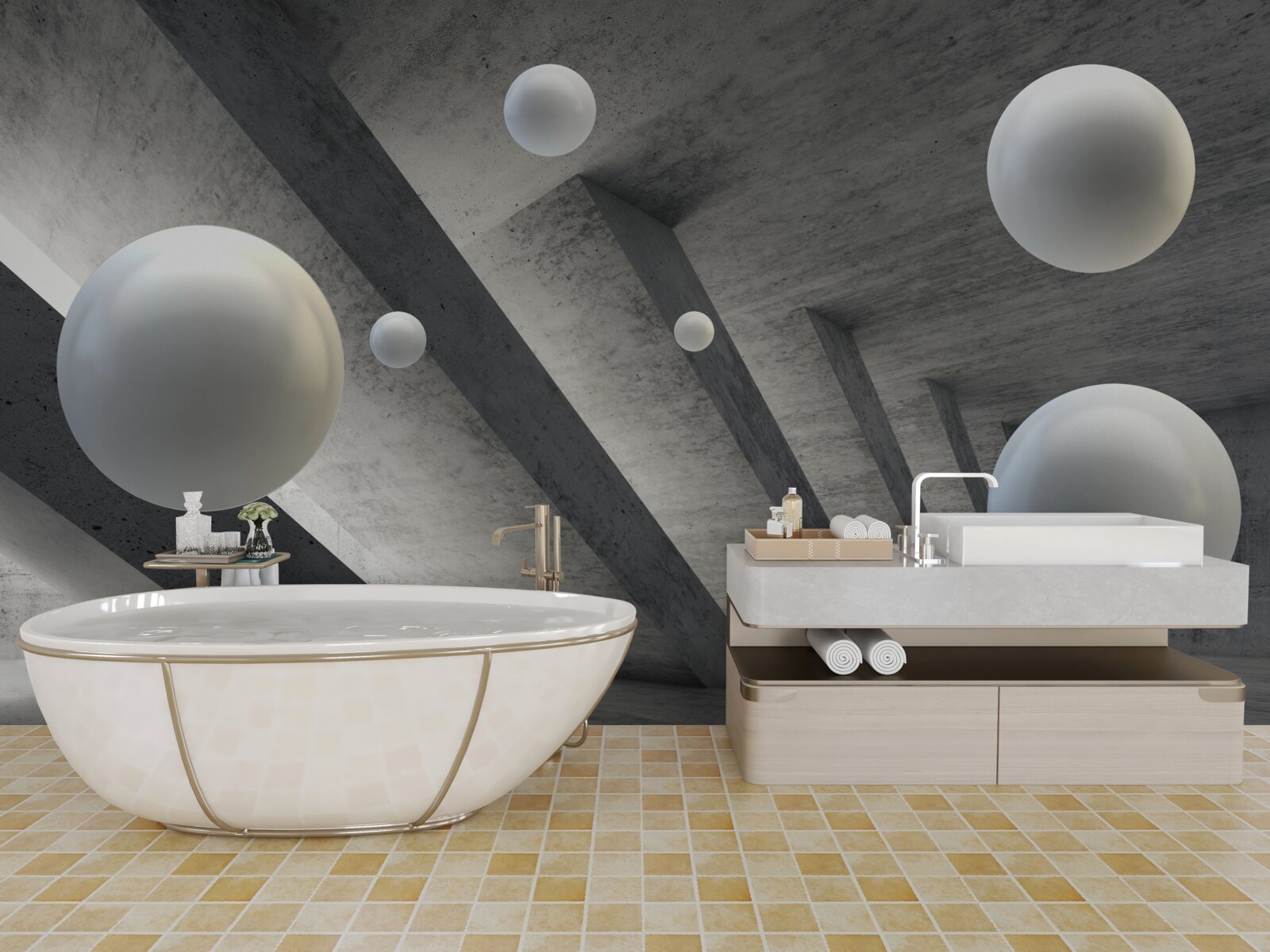 Papier peint des boules de blanc dans un passage en ciment