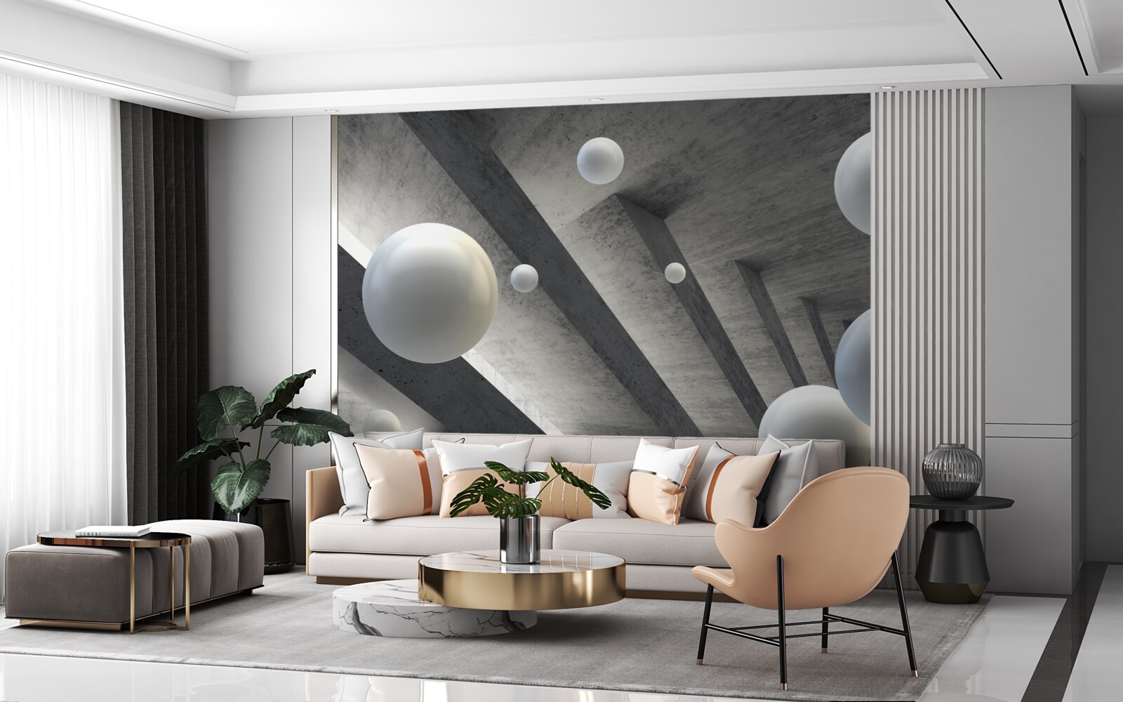 Papier peint des boules de blanc dans un passage en ciment