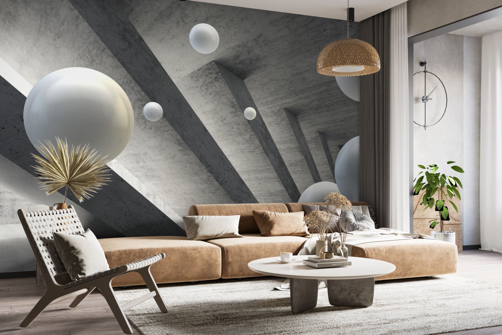 Papier peint des boules de blanc dans un passage en ciment