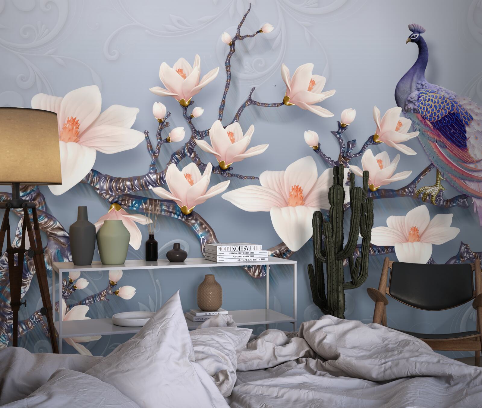 Papier peint un magnifique paon assis sur une branche avec des bourgeons