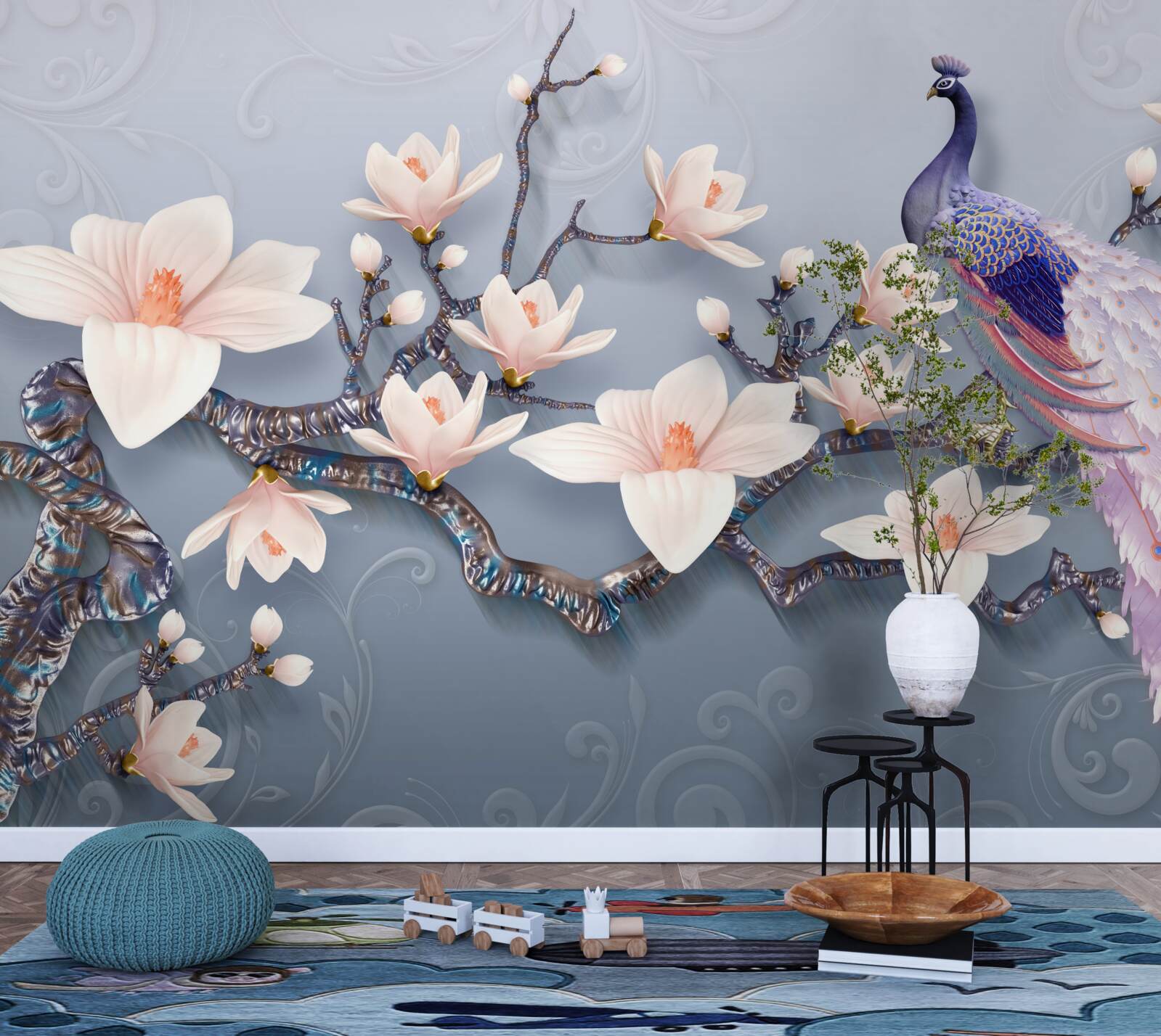 Papier peint un magnifique paon assis sur une branche avec des bourgeons