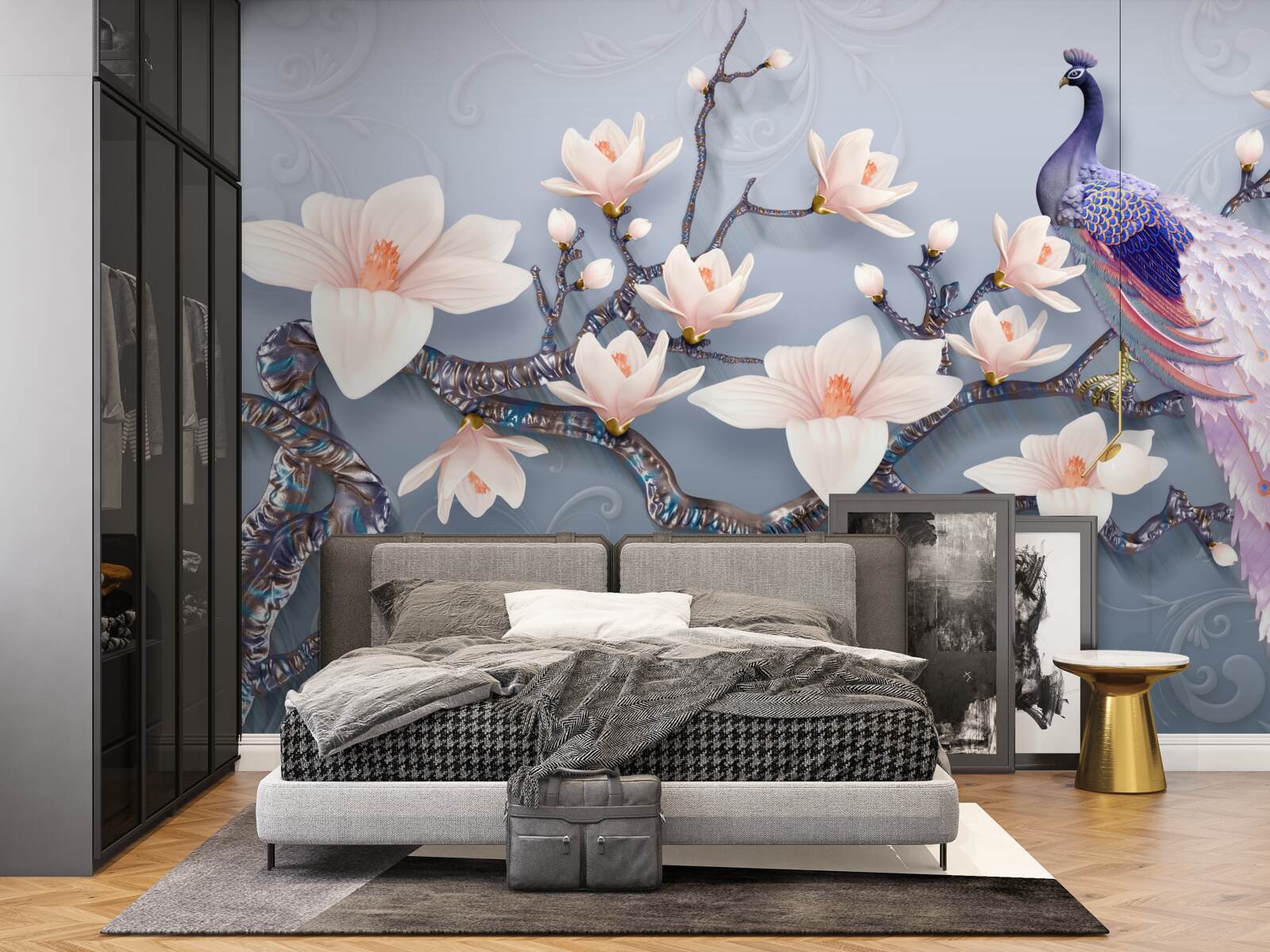 Papier peint un magnifique paon assis sur une branche avec des bourgeons