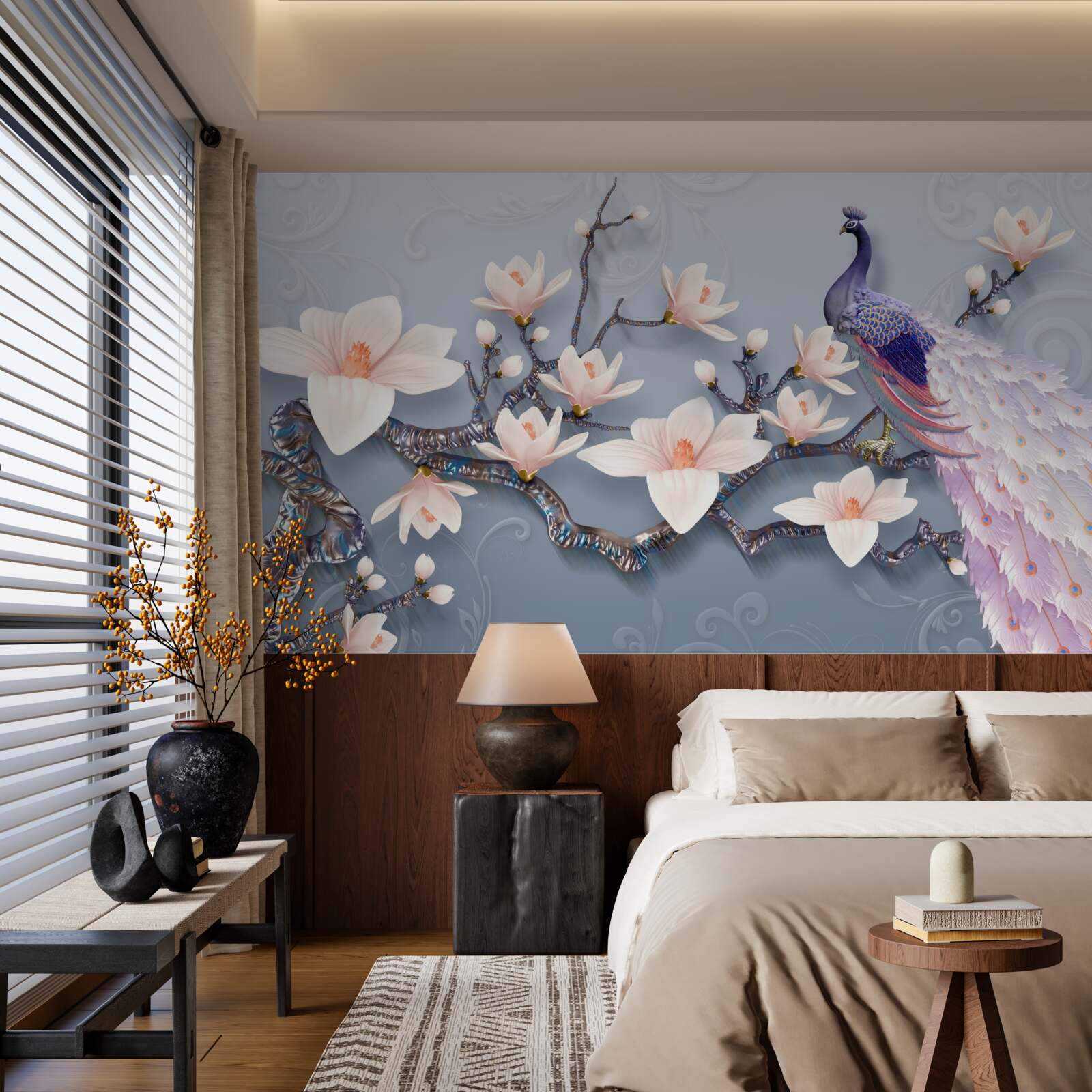 Papier peint un magnifique paon assis sur une branche avec des bourgeons