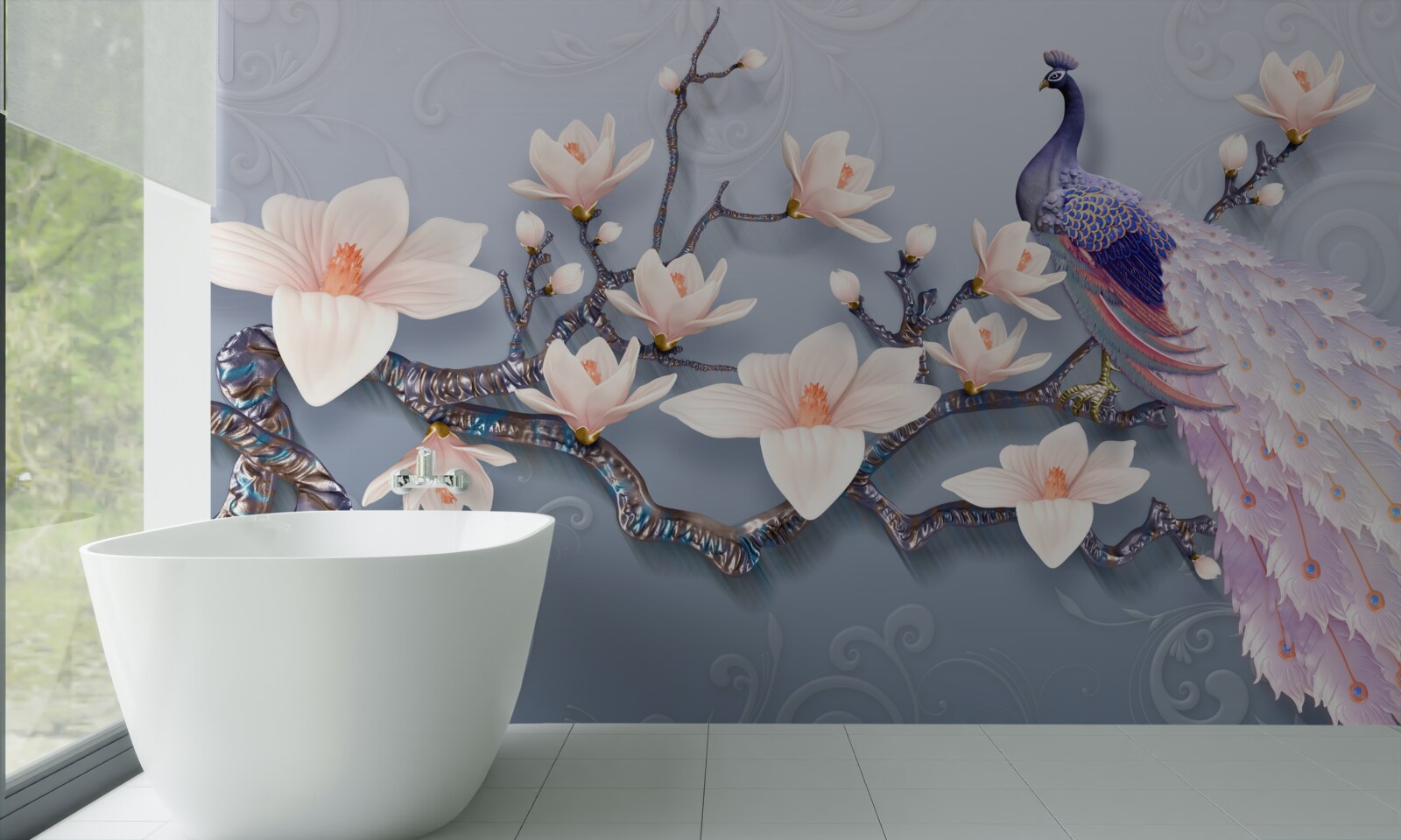 Papier peint un magnifique paon assis sur une branche avec des bourgeons