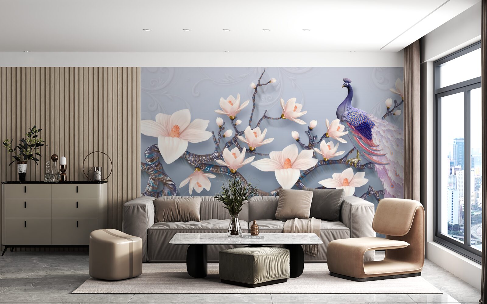 Papier peint un magnifique paon assis sur une branche avec des bourgeons