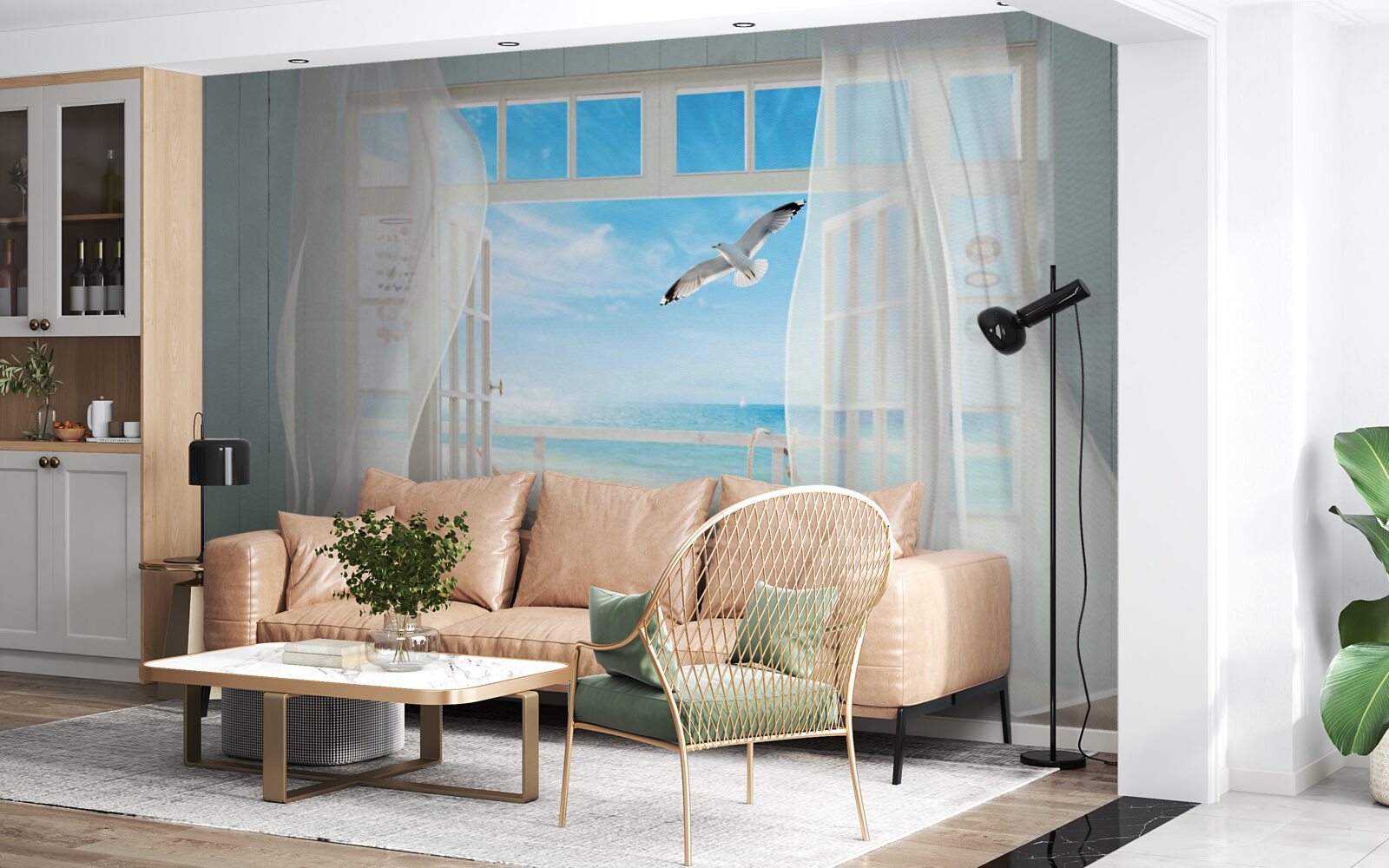 Papier peint la sortie, peinte en blanc comme la neige, mène à une côte sablonneuse