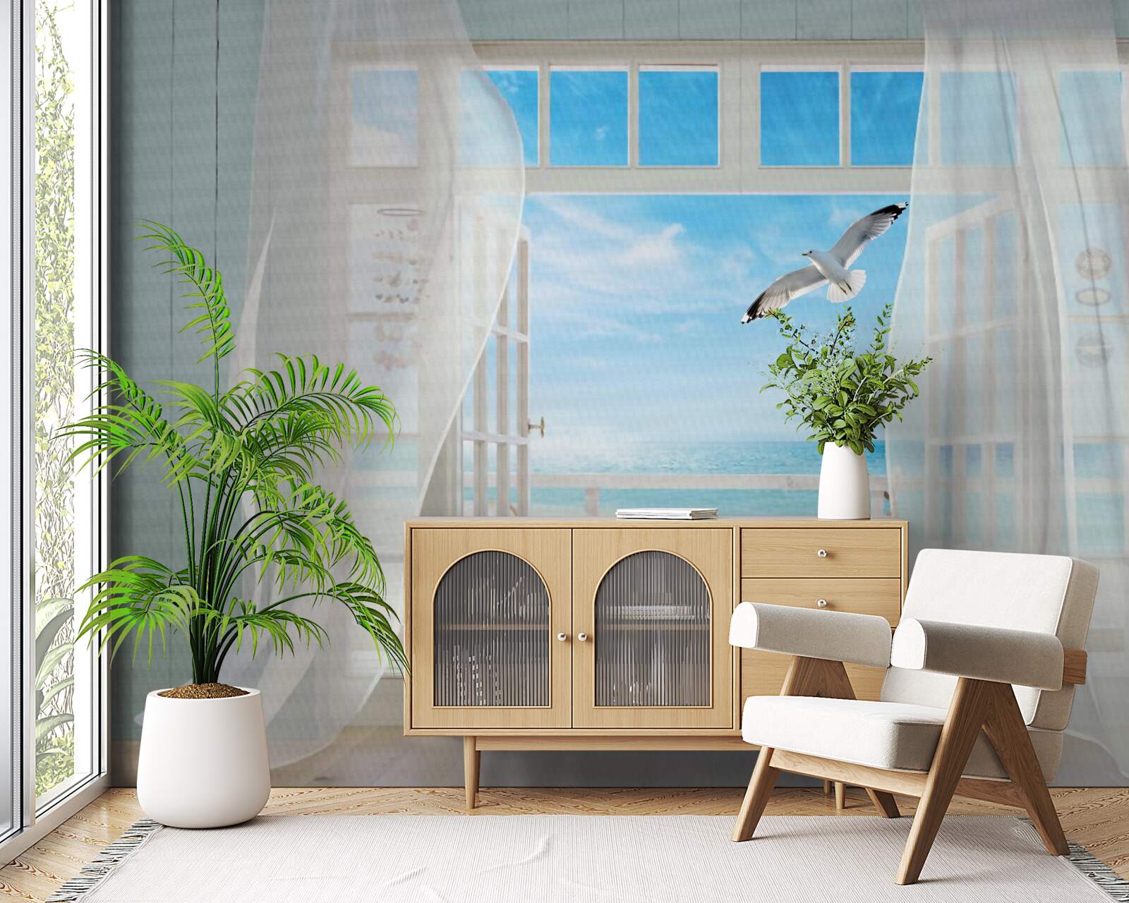 Papier peint la sortie, peinte en blanc comme la neige, mène à une côte sablonneuse