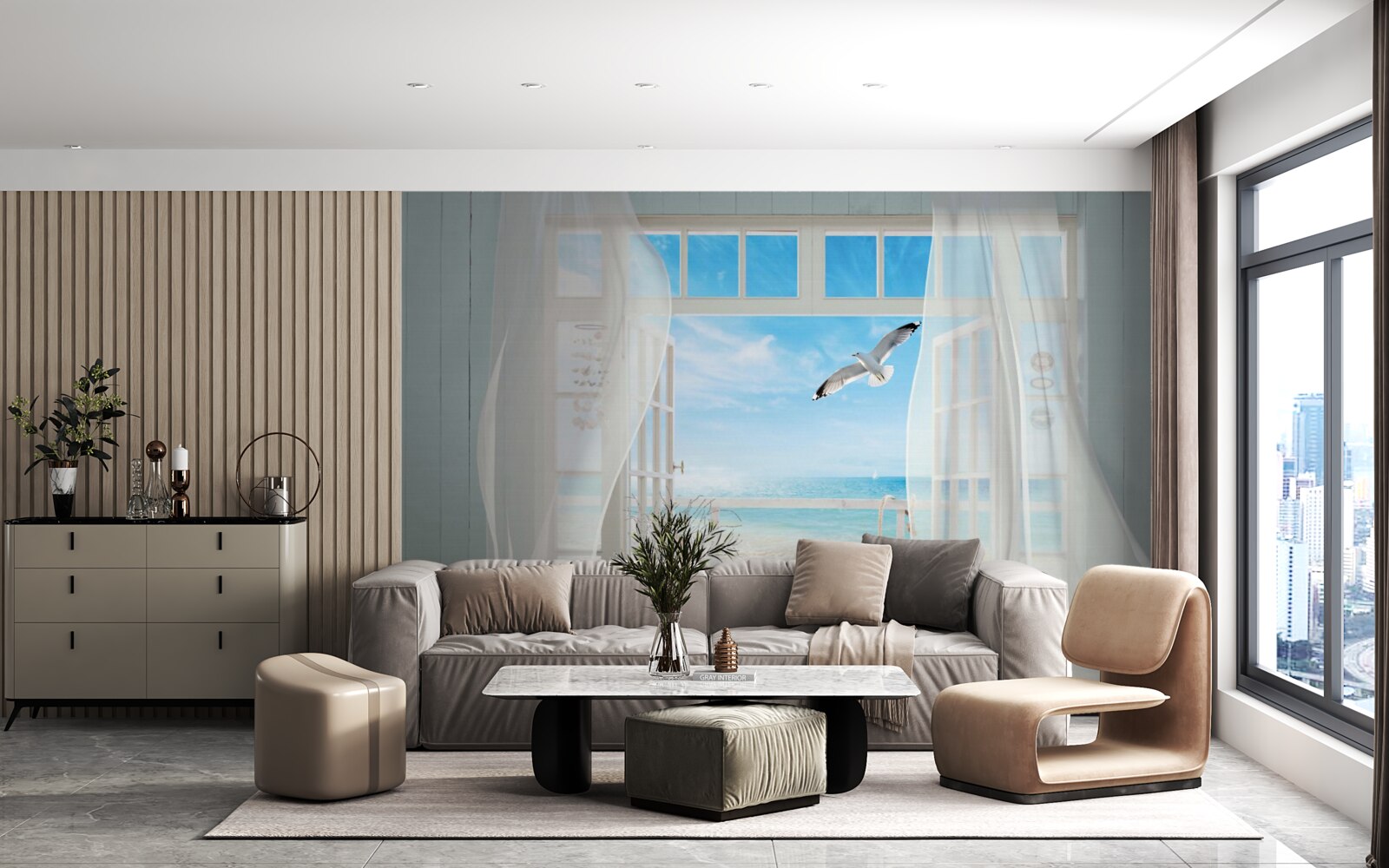 Papier peint la sortie, peinte en blanc comme la neige, mène à une côte sablonneuse