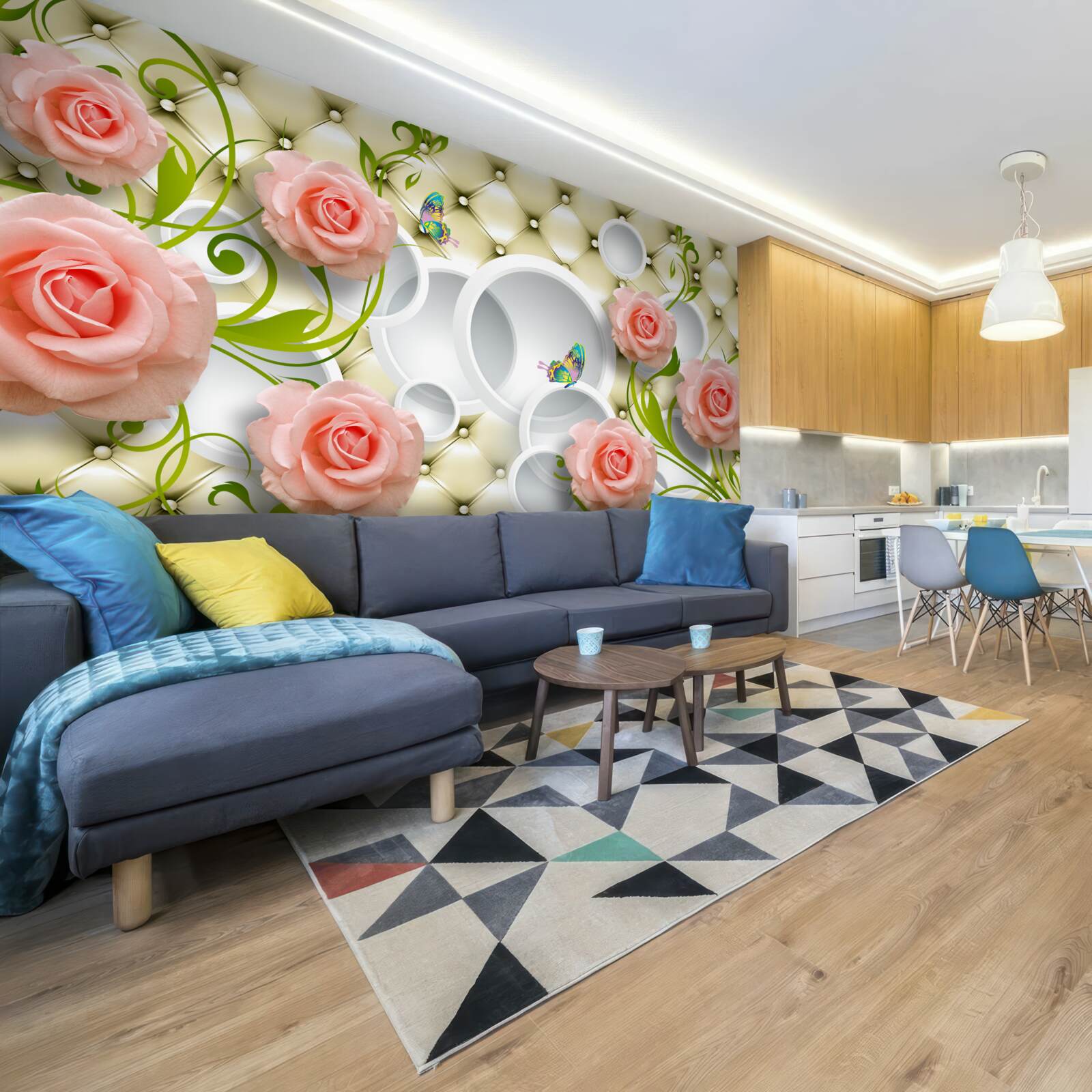 Papier peint roses roses tendres avec tiges vertes